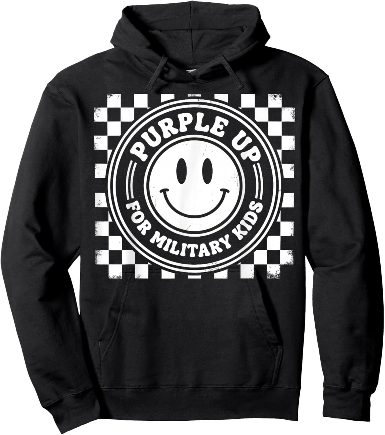 Checkered Purple Up for Military Kids Smile Face Boys Girls Hoodie - Hoodie | Black