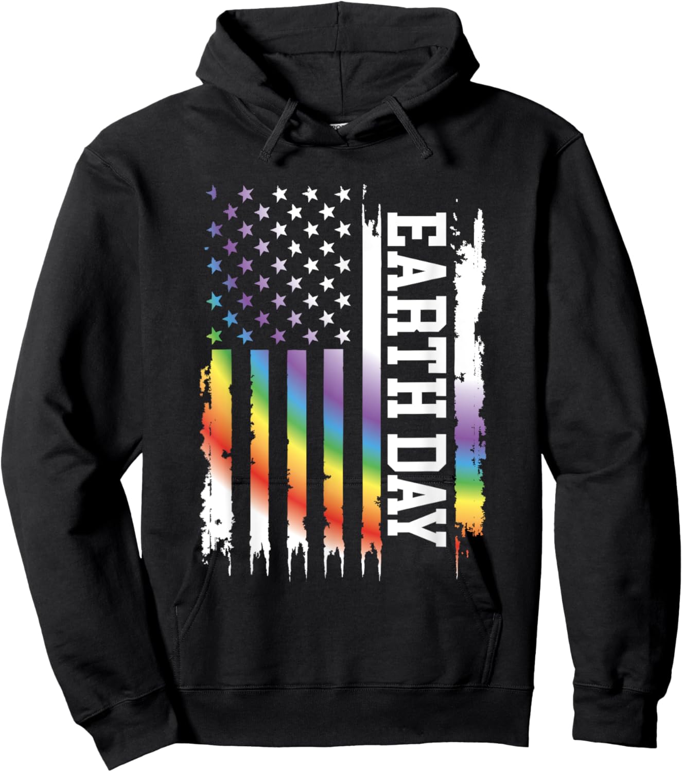 Earth Day United States Distressed Rainbow w US Flag Hoodie - Hoodie | Black
