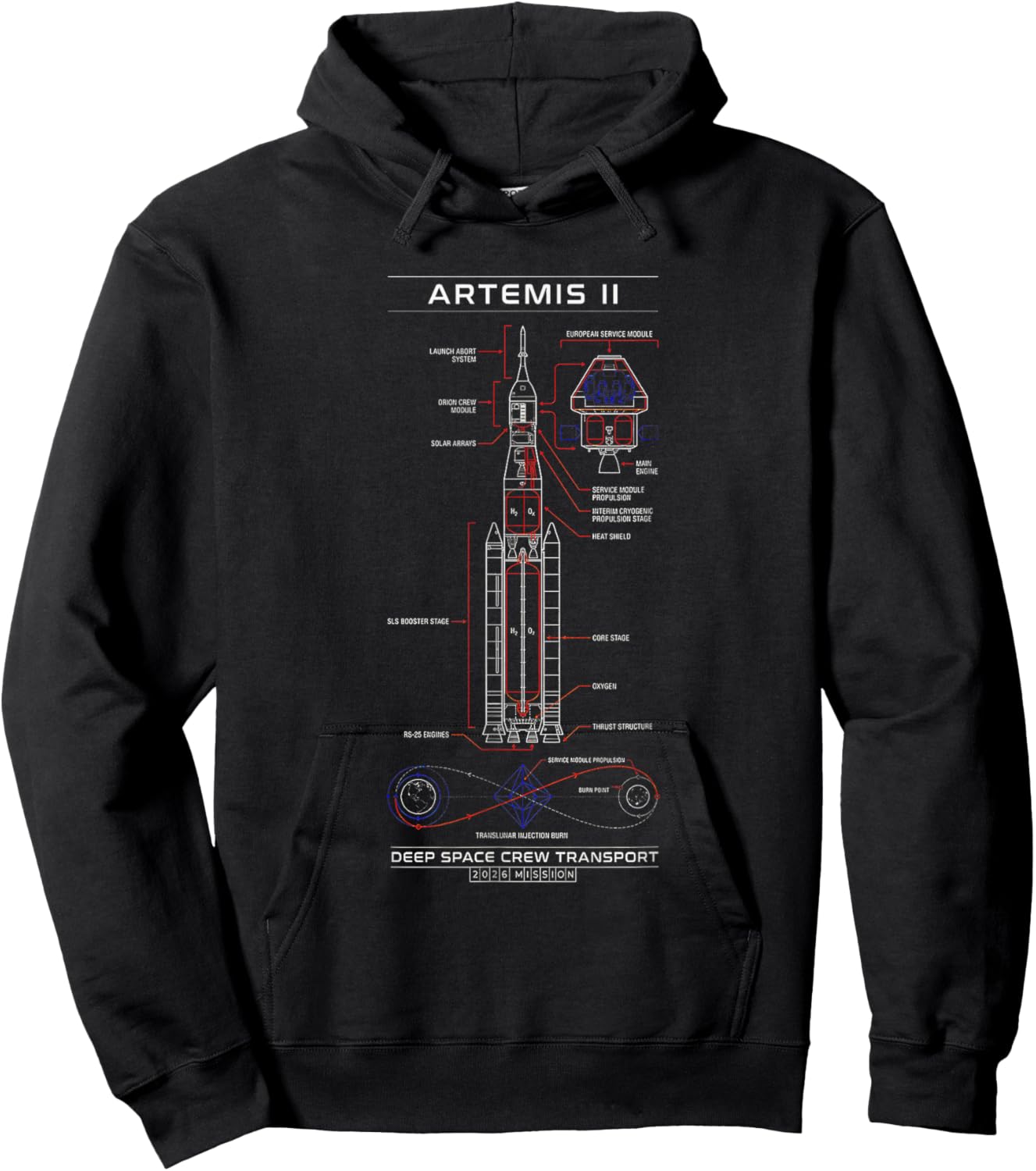 Blueprint Space Rocket Launch Mission to The Moon Artemis 2 Hoodie - Hoodie | Black