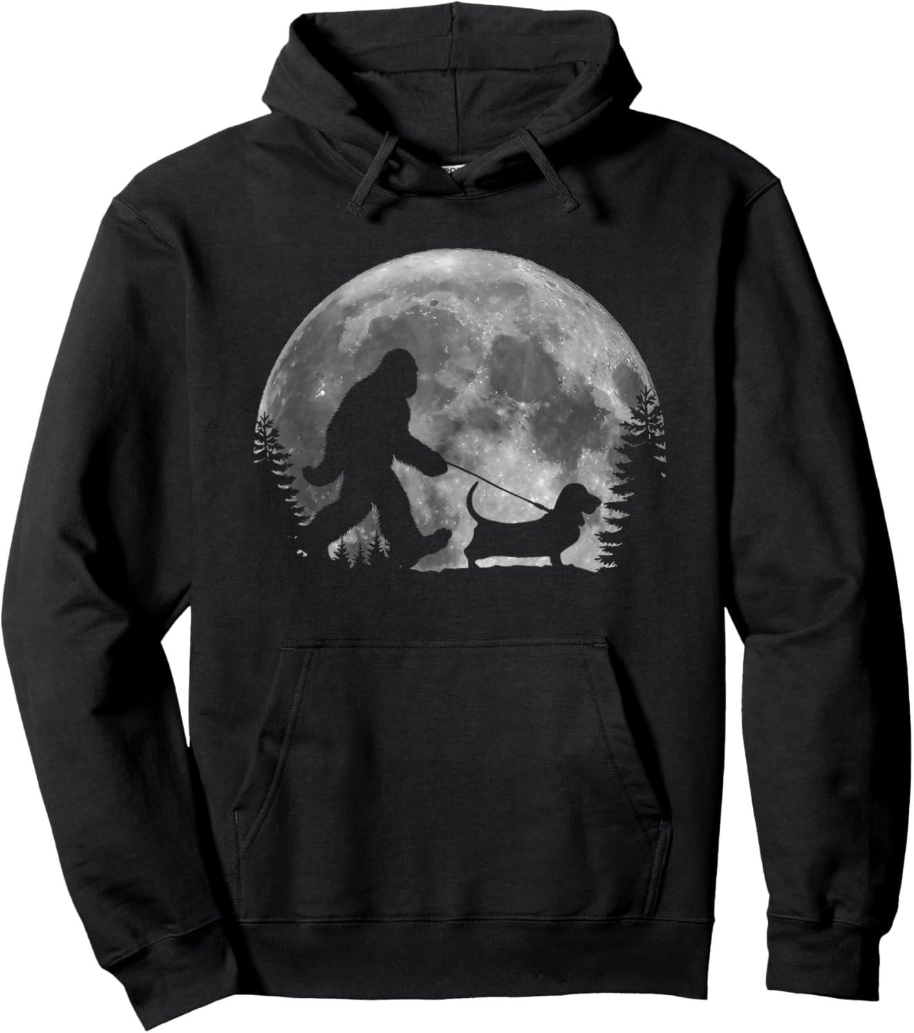 Bigfoot Walking a Dog Funny Basset Hound Moon Halloween Women Kids Hoodie - Hoodie | Black