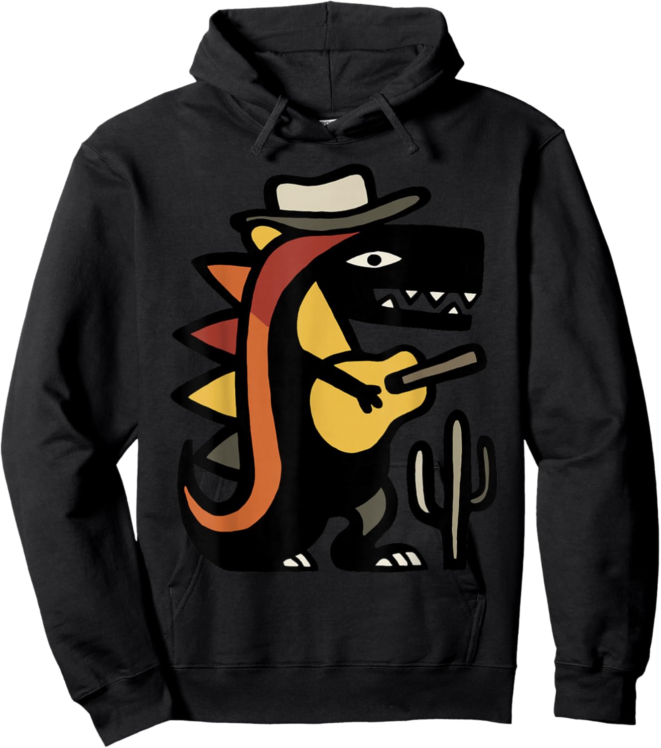 Western Dinosaur Playing Guitar Cartoon Hoodie - Hoodie | Black