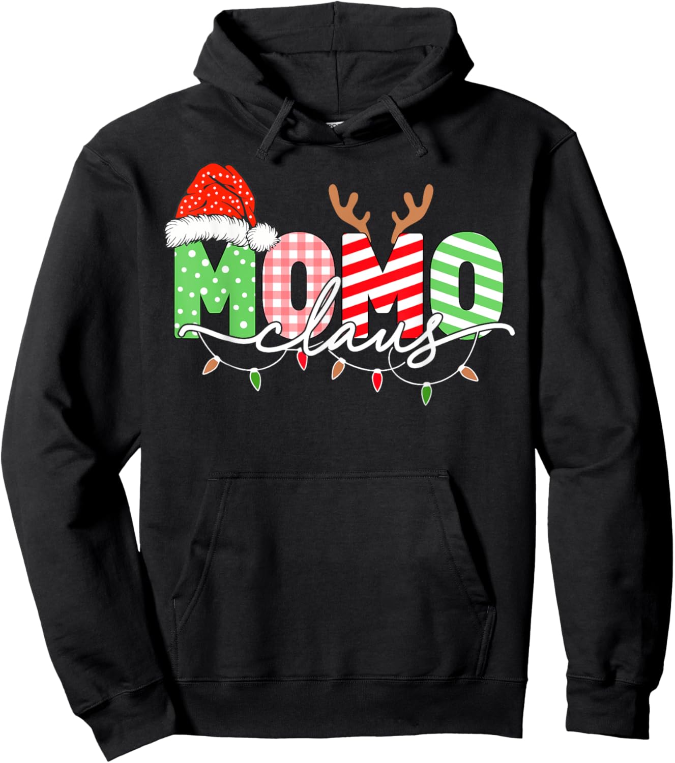 Momo Claus Christmas Lights Santa Hat Family Matching Hoodie - Hoodie | Black