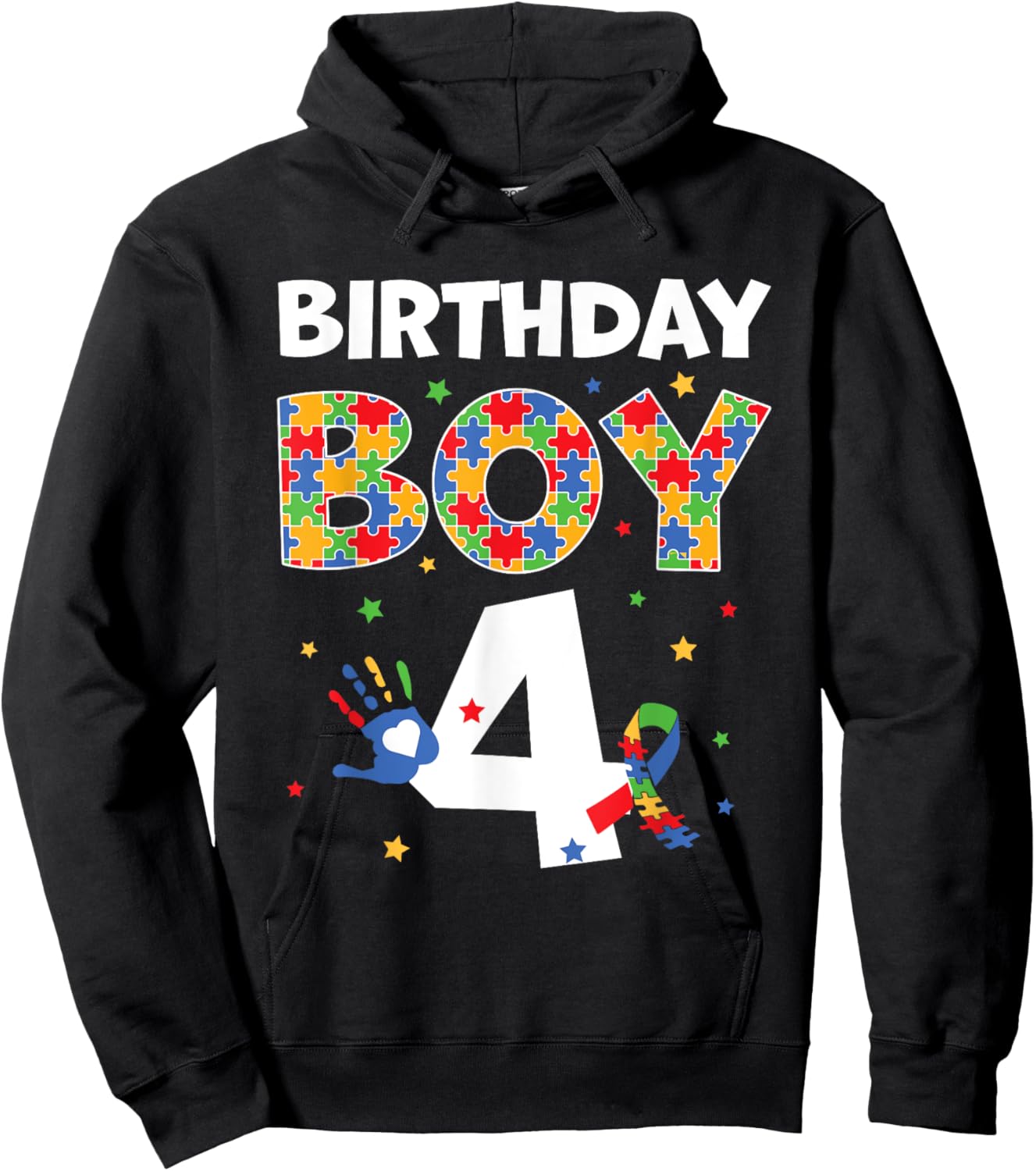 The 4th Birthday Boy Autism Awareness Puzzle Piece Hoodie - Hoodie | Black