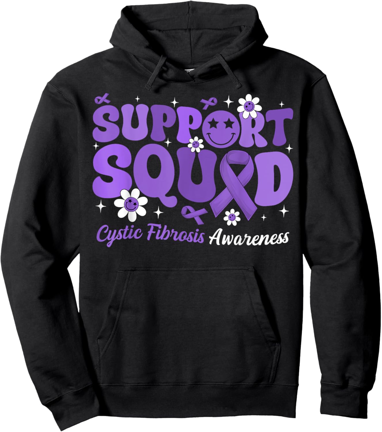 Groovy Support Squad Cystic Fibrosis Awareness Purple Ribbon Hoodie - Hoodie | Black