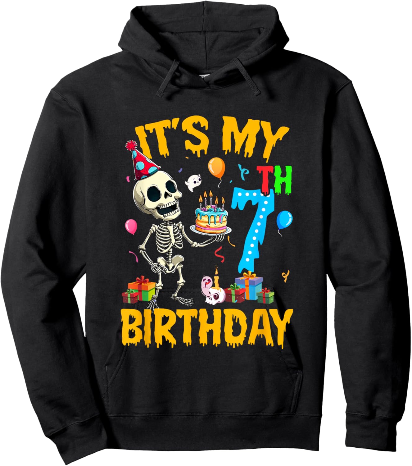 It's My 7Th Birthday Party Halloween Skeleton Birthday Kids Hoodie - Hoodie | Black