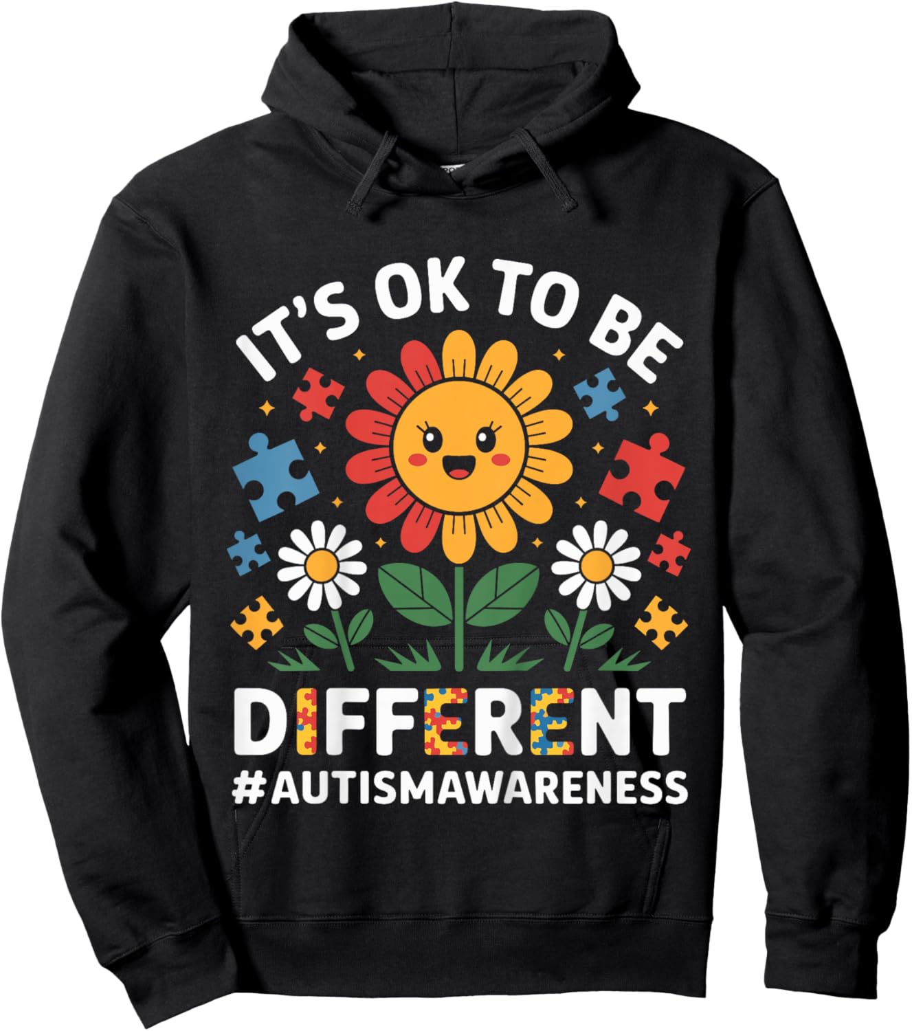 Kids It's OK To Be Different Sunflower Autism Awareness Girls Hoodie - Hoodie | Black