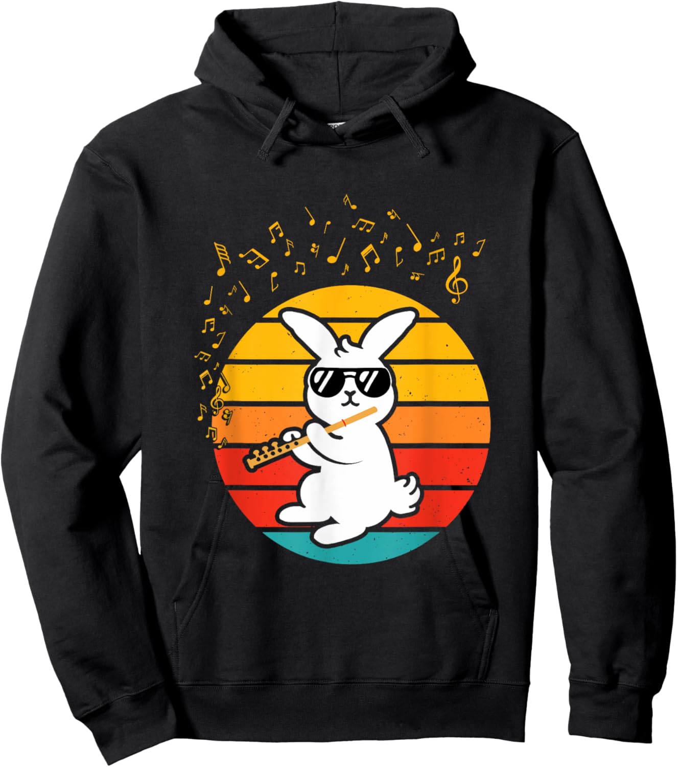 Cool Bunny with Flute - Music Lover Retro Rabbit Flute Hoodie - Hoodie | Black