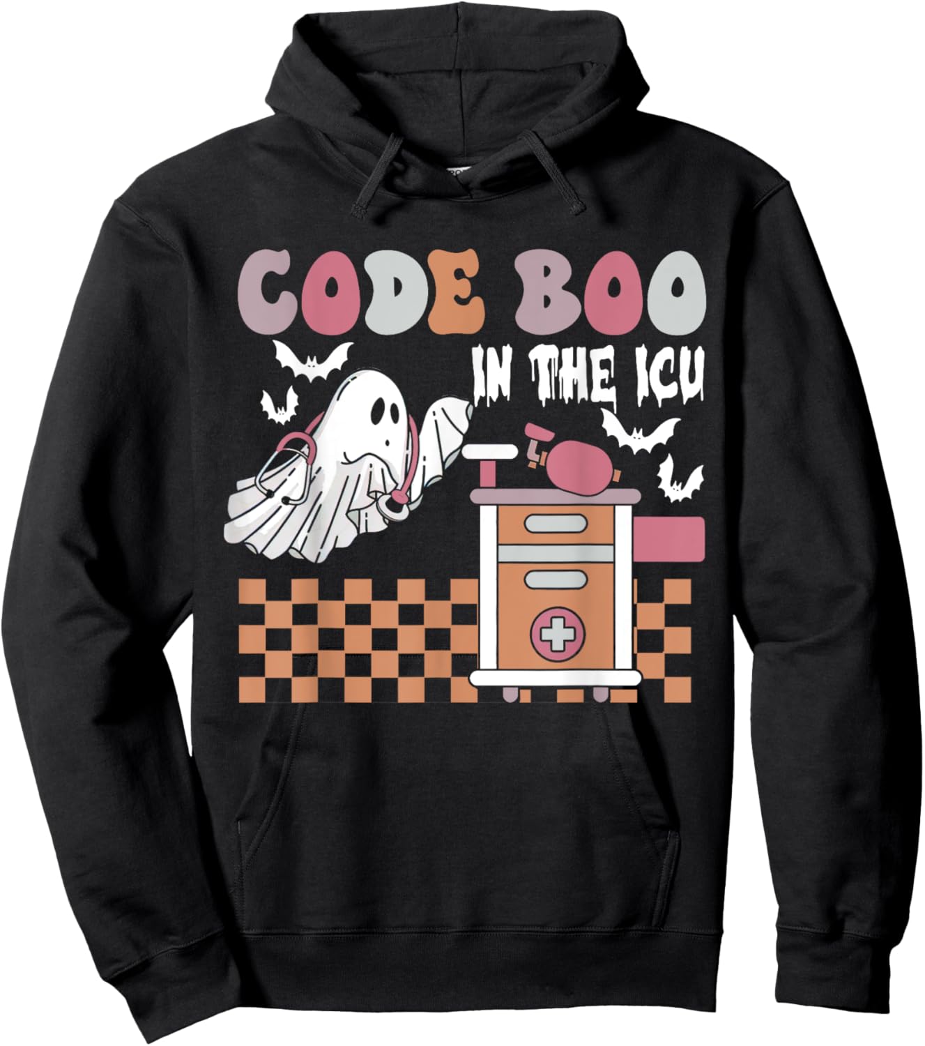 Groovy Retro Halloween ICU Nurse, Code Boo In The ICU Hoodie - Hoodie | Black