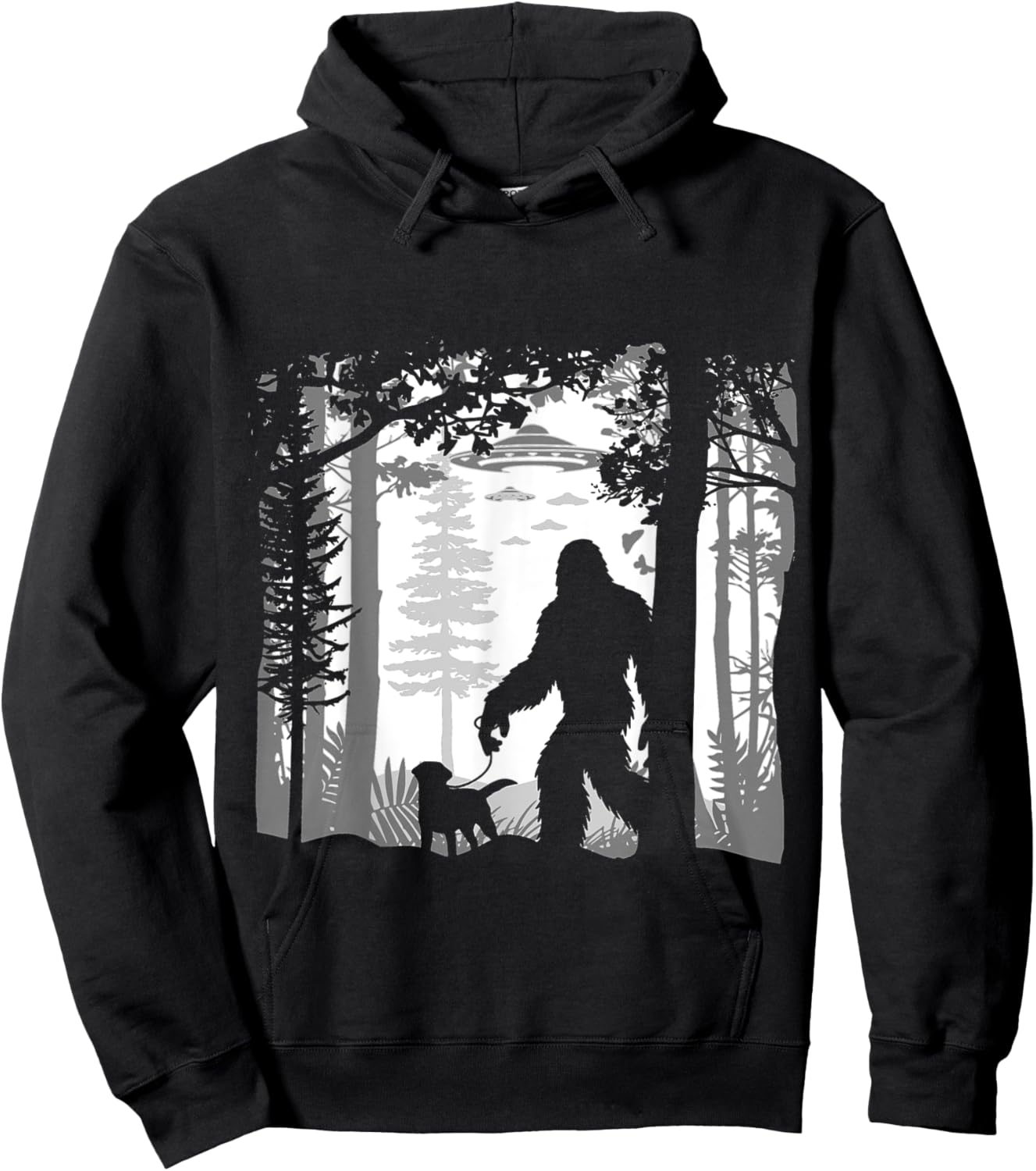 Funny Sasquatch Bigfoot Walking Dog In Woods With Alien Ufos Hoodie - Hoodie | Black