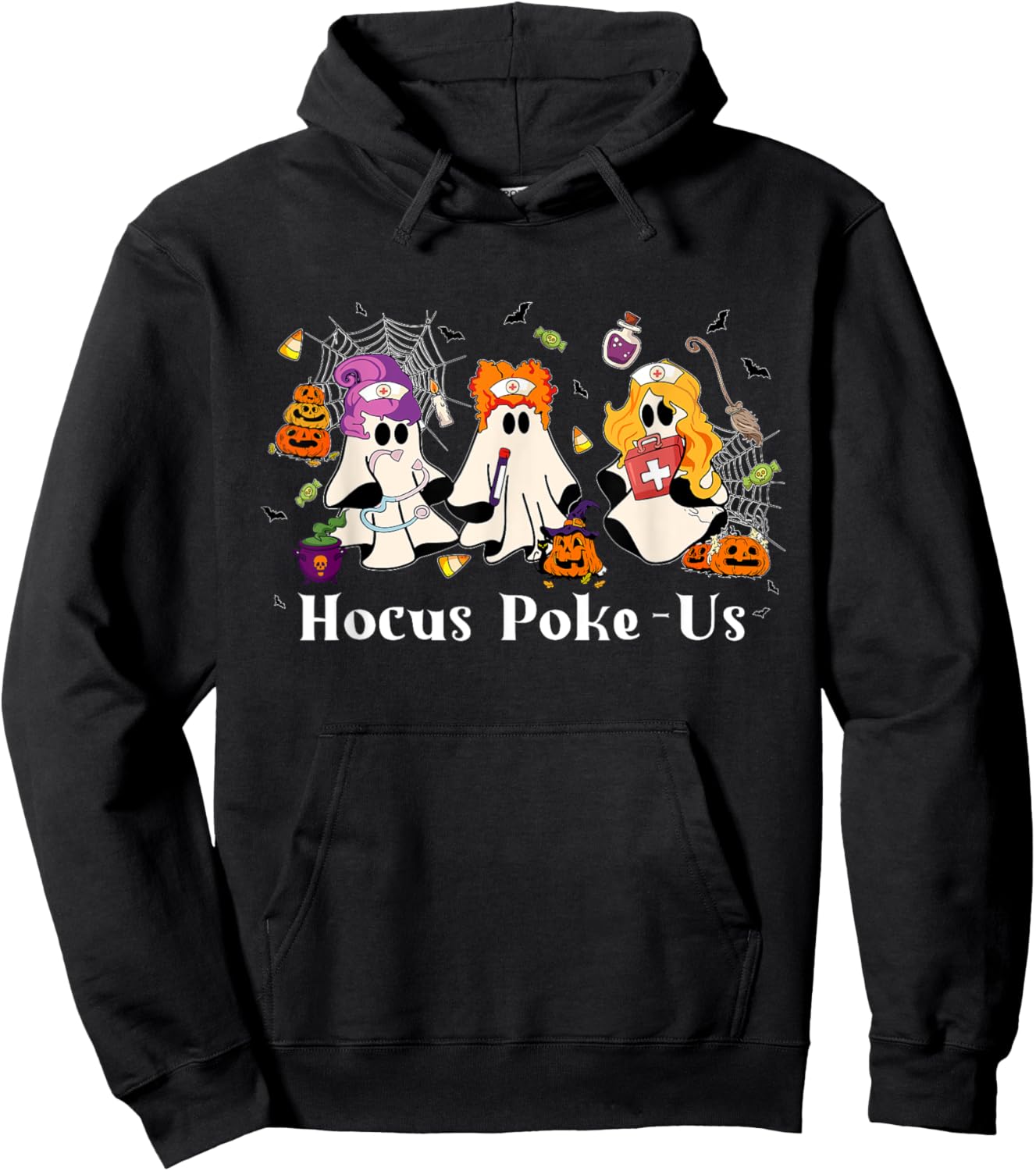 Retro Funny Hocus Poke-us Spooky Nurse Halloween Cute Ghost Hoodie - Hoodie | Black