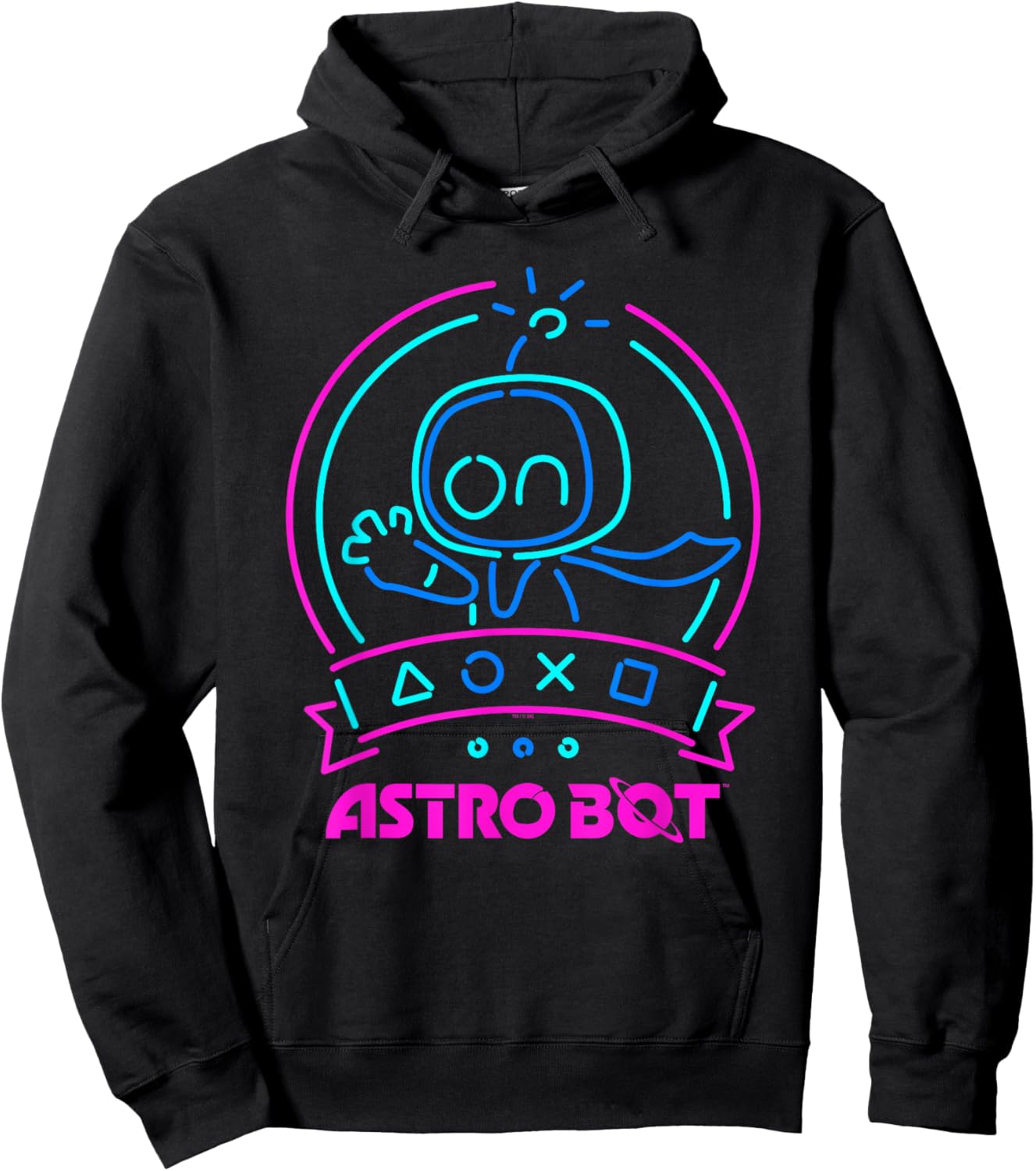 Astro Bot Neon Waving Character with Icons Video Game Hoodie - Hoodie | Black