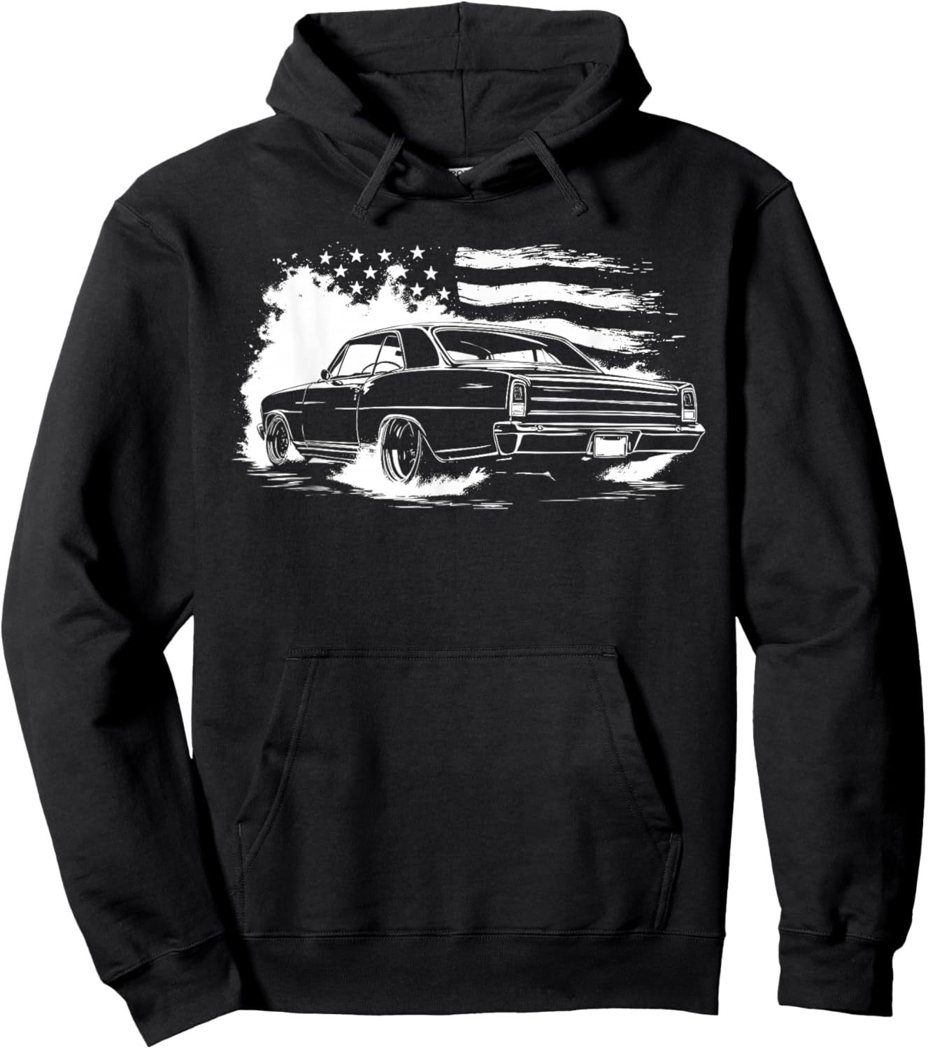 1966-1967 Nova Classic Flaming USA Flag Rear Silhouette Hoodie - Hoodie | Black
