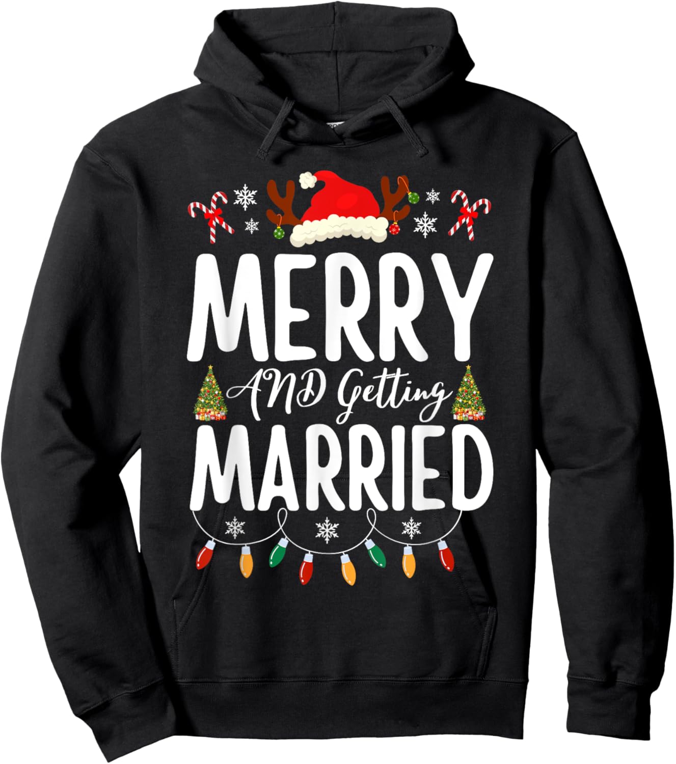 Merry and Getting Married Couples Christmas Pjs Pajamas Hoodie - Hoodie | Black