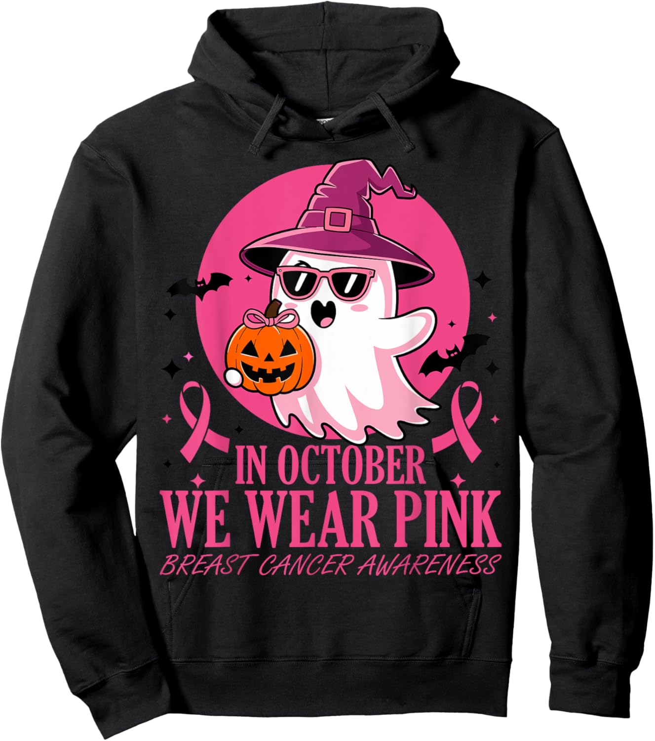 In October We Wear Pink Breast Cancer Awareness Halloween Hoodie - Hoodie | Black