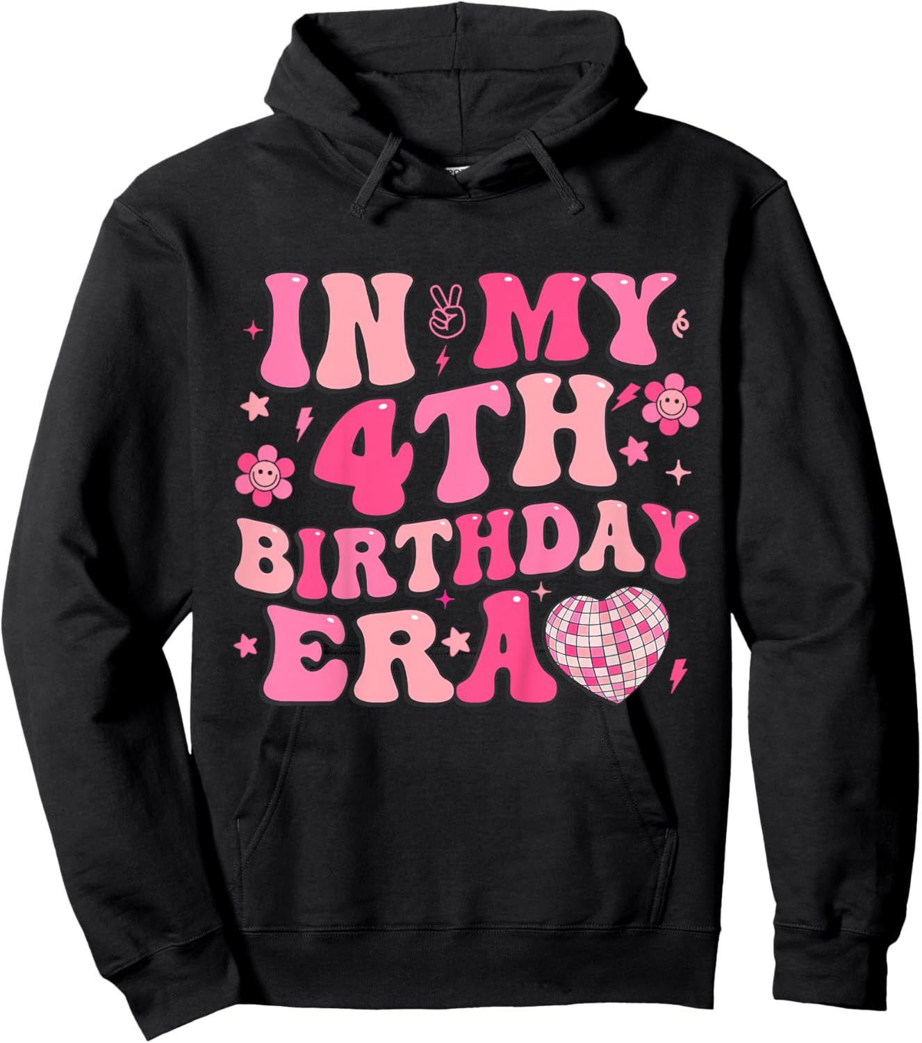 Kids Groovy In My 4th Birthday Era Four 4 Years Old Disco Heart Hoodie - Hoodie | Black
