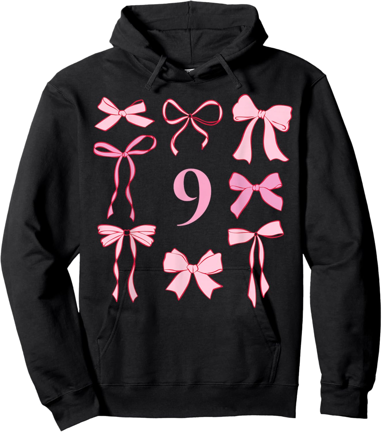Hello Nine Coquette Preppy Pink Bow 9th Ninth Birthday Girl Hoodie - Hoodie | Black