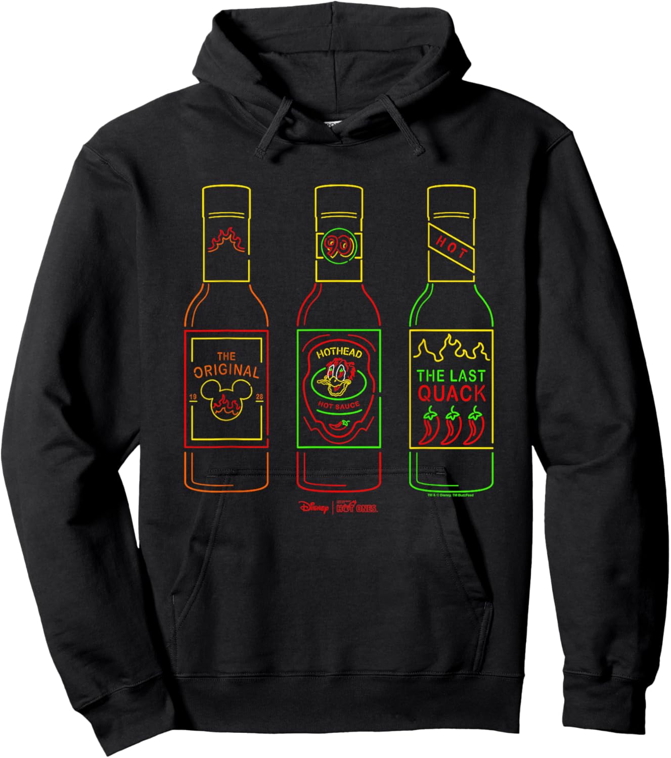 Disney Hot Ones Donald Duck Sauces Lineup Retro Neon Outline Hoodie - Hoodie | Black