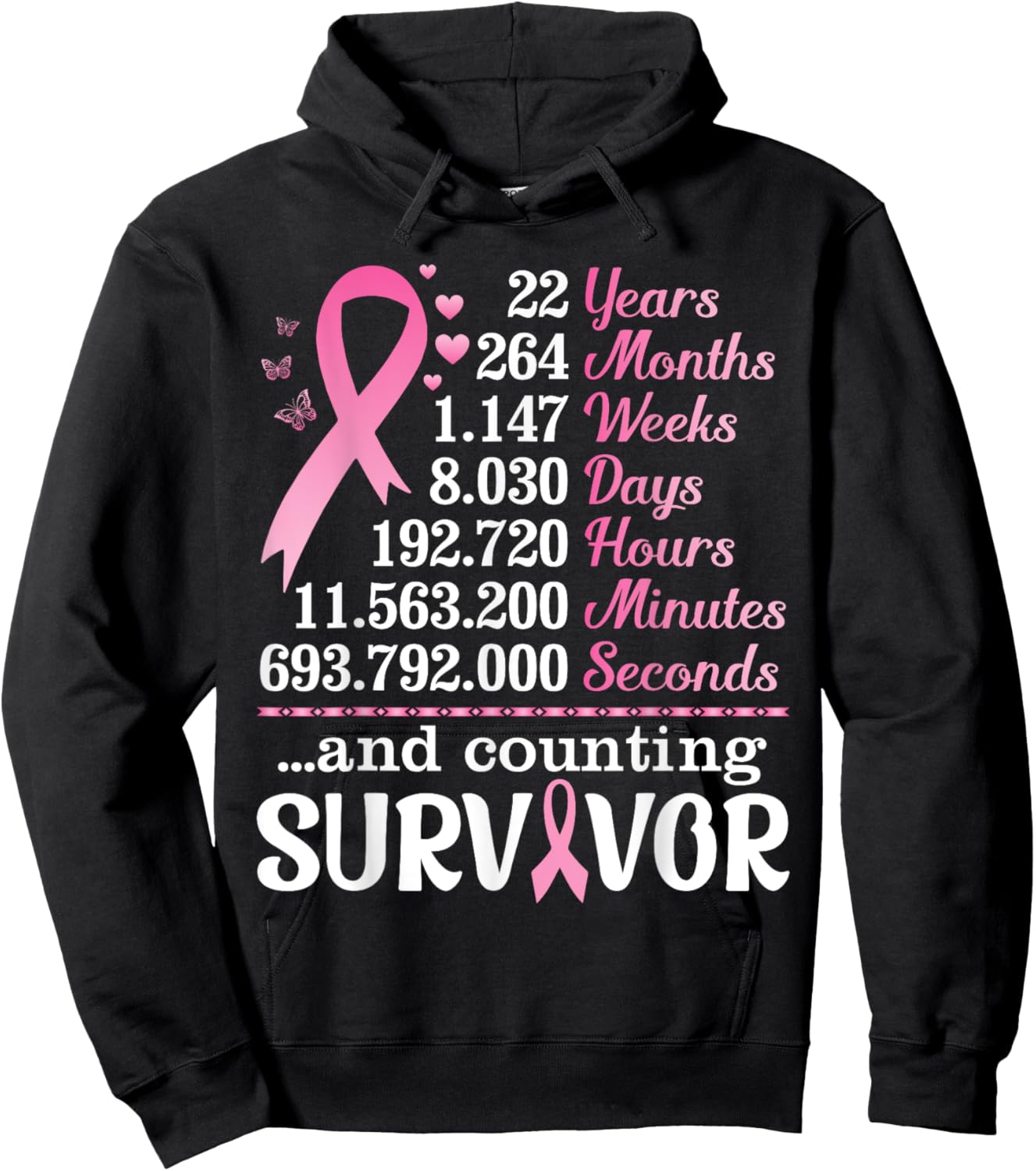 22 Years 264 Months Fighting Breast Cancer Counting Survivor Hoodie - Hoodie | Black