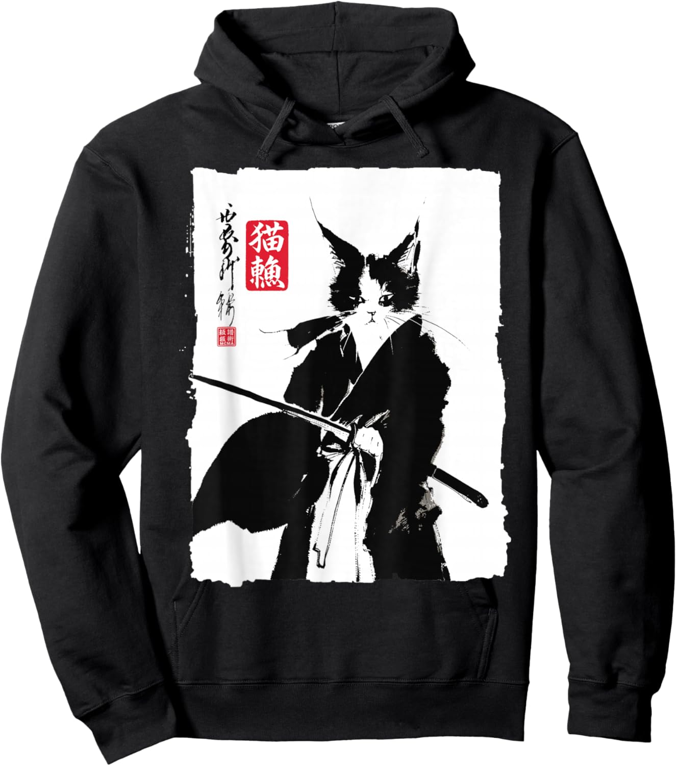 Japanese Samurai Cat Art Vintage Sumi-e Ink Painting Hoodie - Hoodie | Black