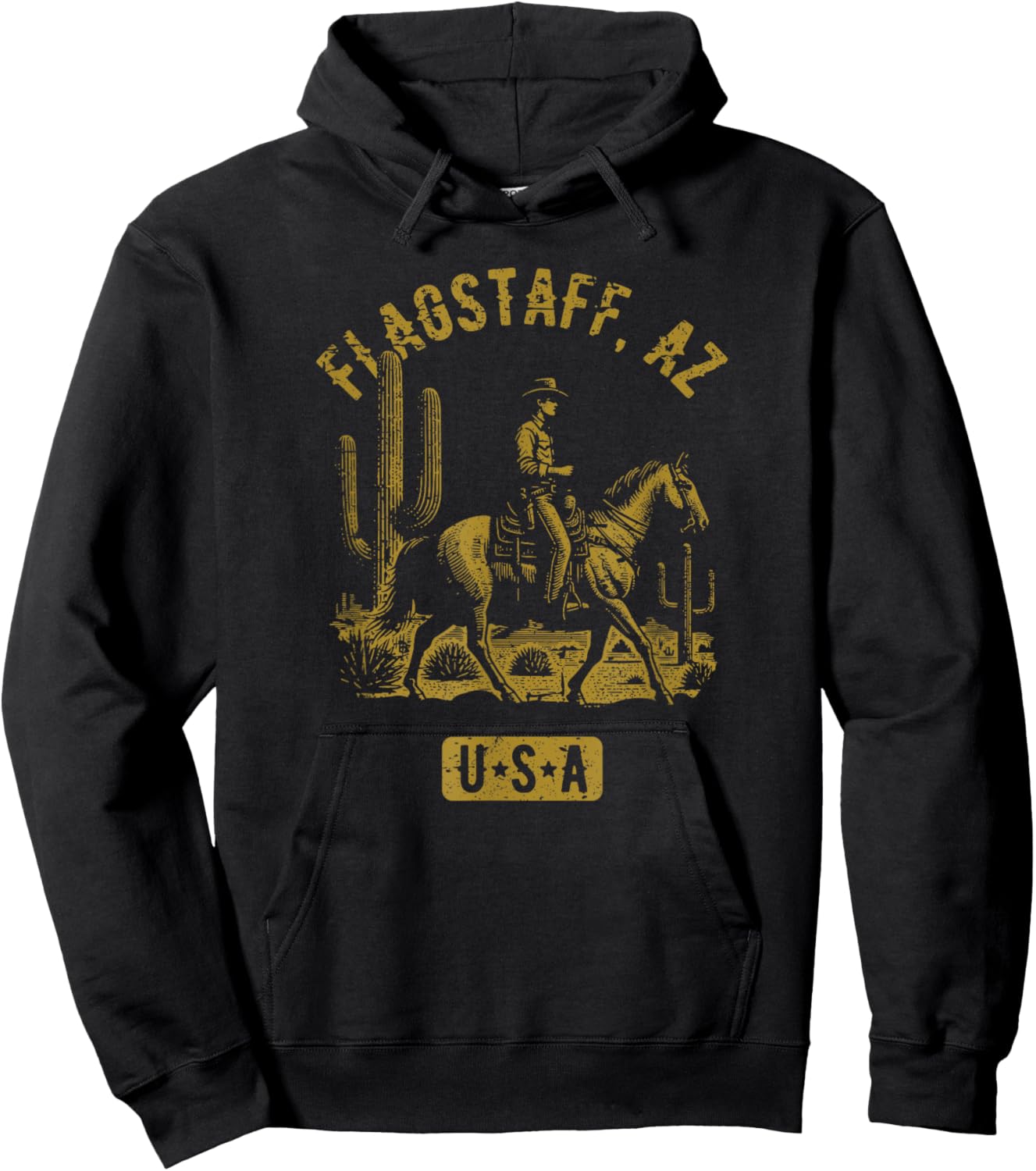 Flagstaff AZ USA Cowboy Horse Distressed Style Design Hoodie - Hoodie | Black