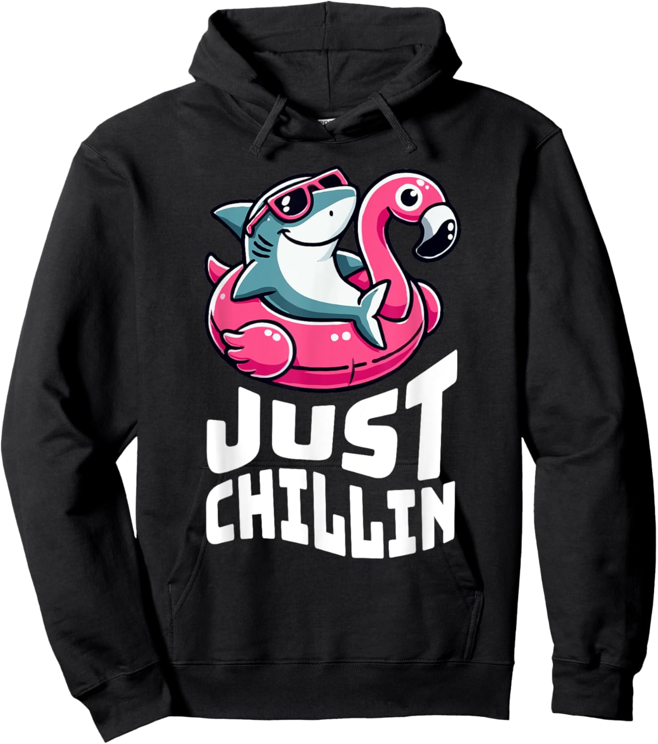 Funny Shark Just Chillin on Flamingo Float Hoodie - Hoodie | Black