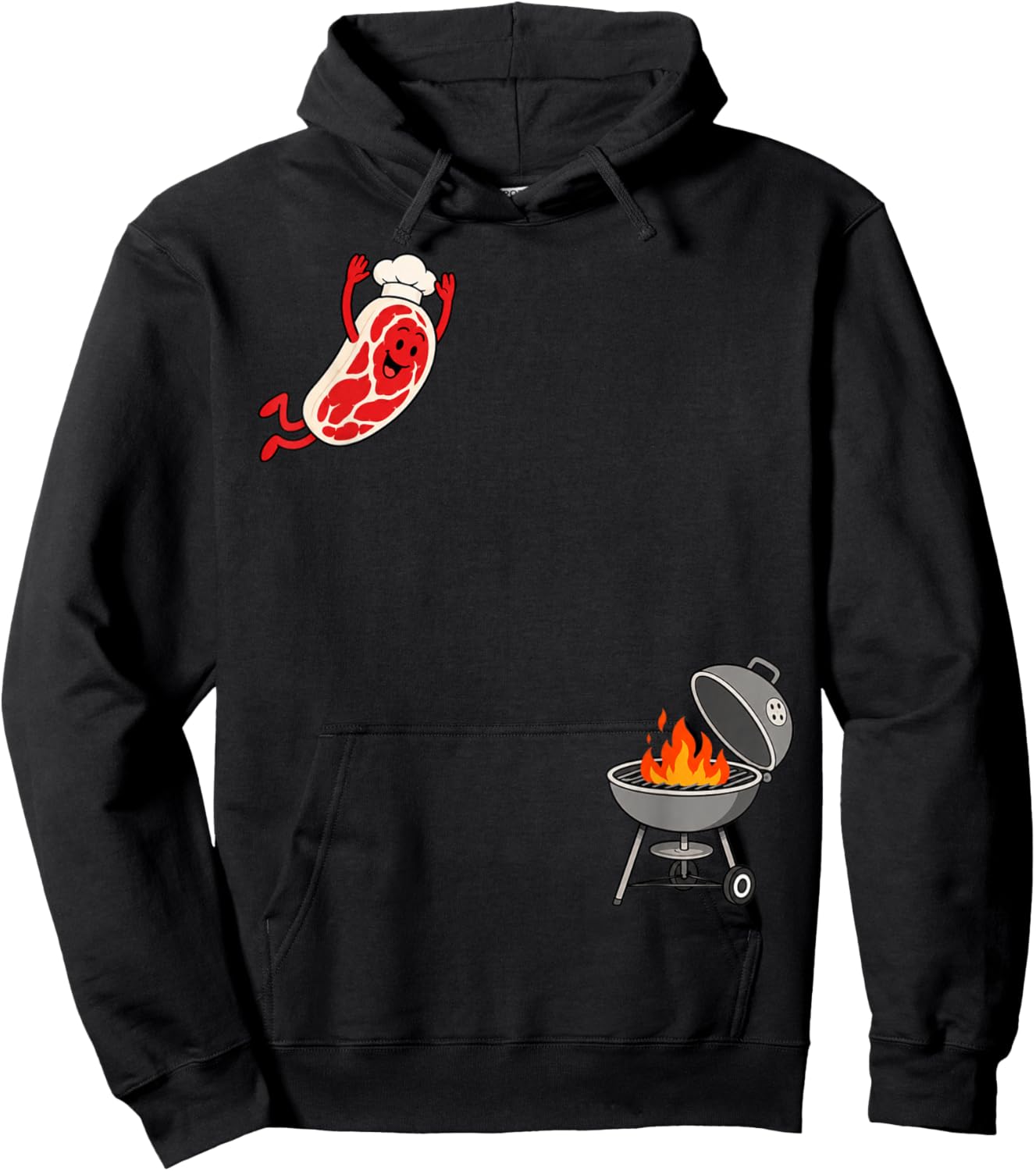 Funny Chef Steak Jumping Into BBQ Grill Cartoon Hoodie - Hoodie | Black
