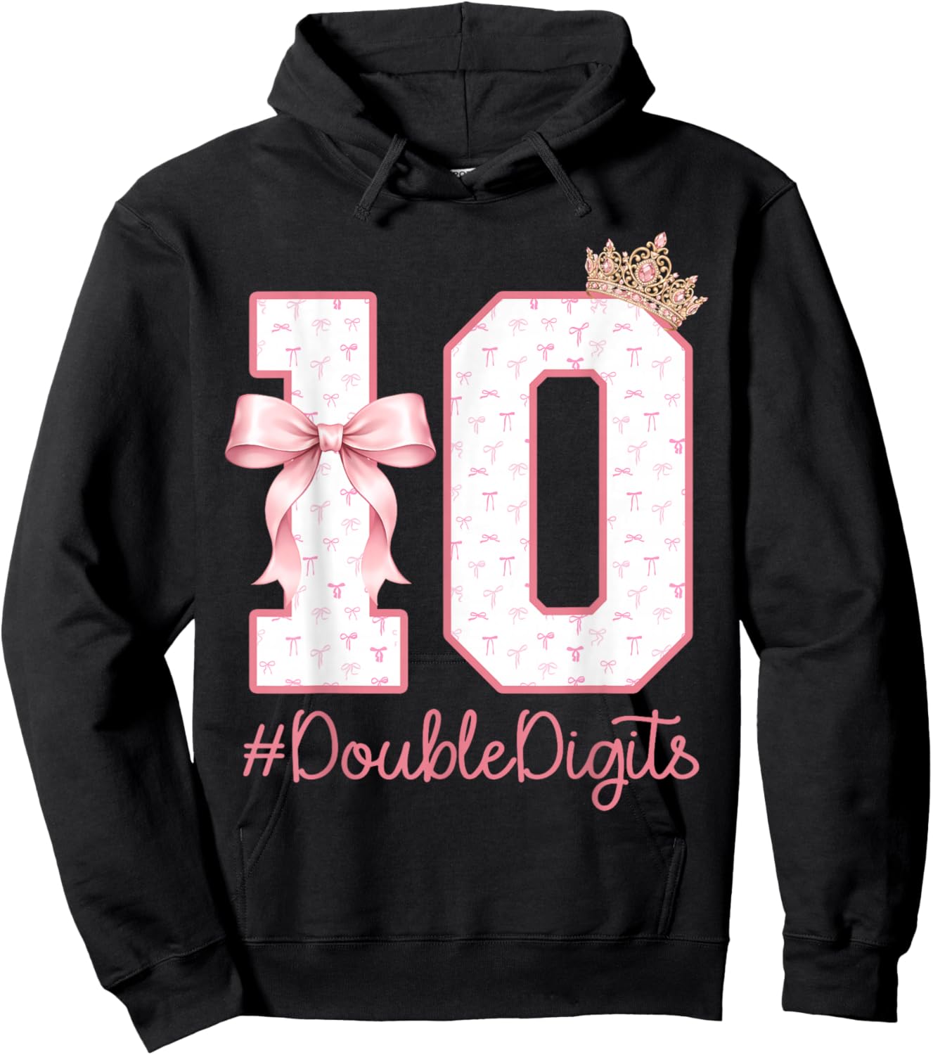 10 Year Old Pink Coquette Bow Crown 10th Birthday Girl Hoodie - Hoodie | Black