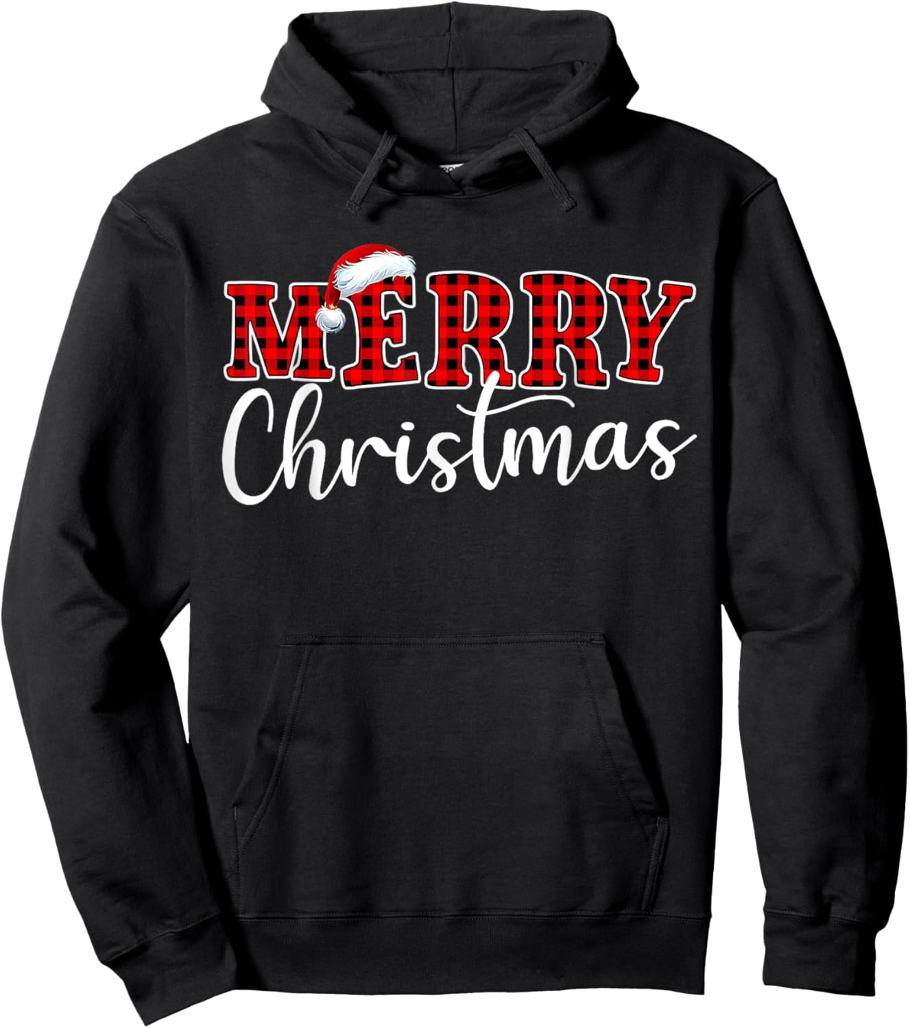 Merry Christmas Buffalo Plaid Red Santa Hat Xmas Pajamas Hoodie - Hoodie | Black