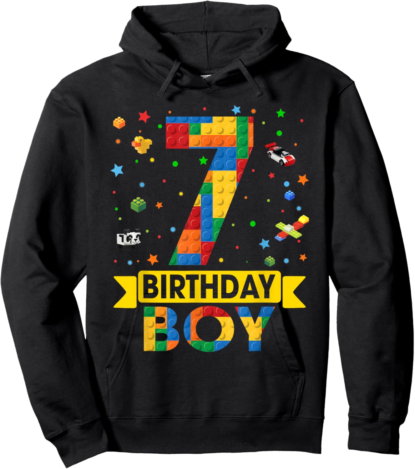Kids Funny 7 Year Old Building Blocks 7th Birthday Boy Hoodie - Hoodie | Black