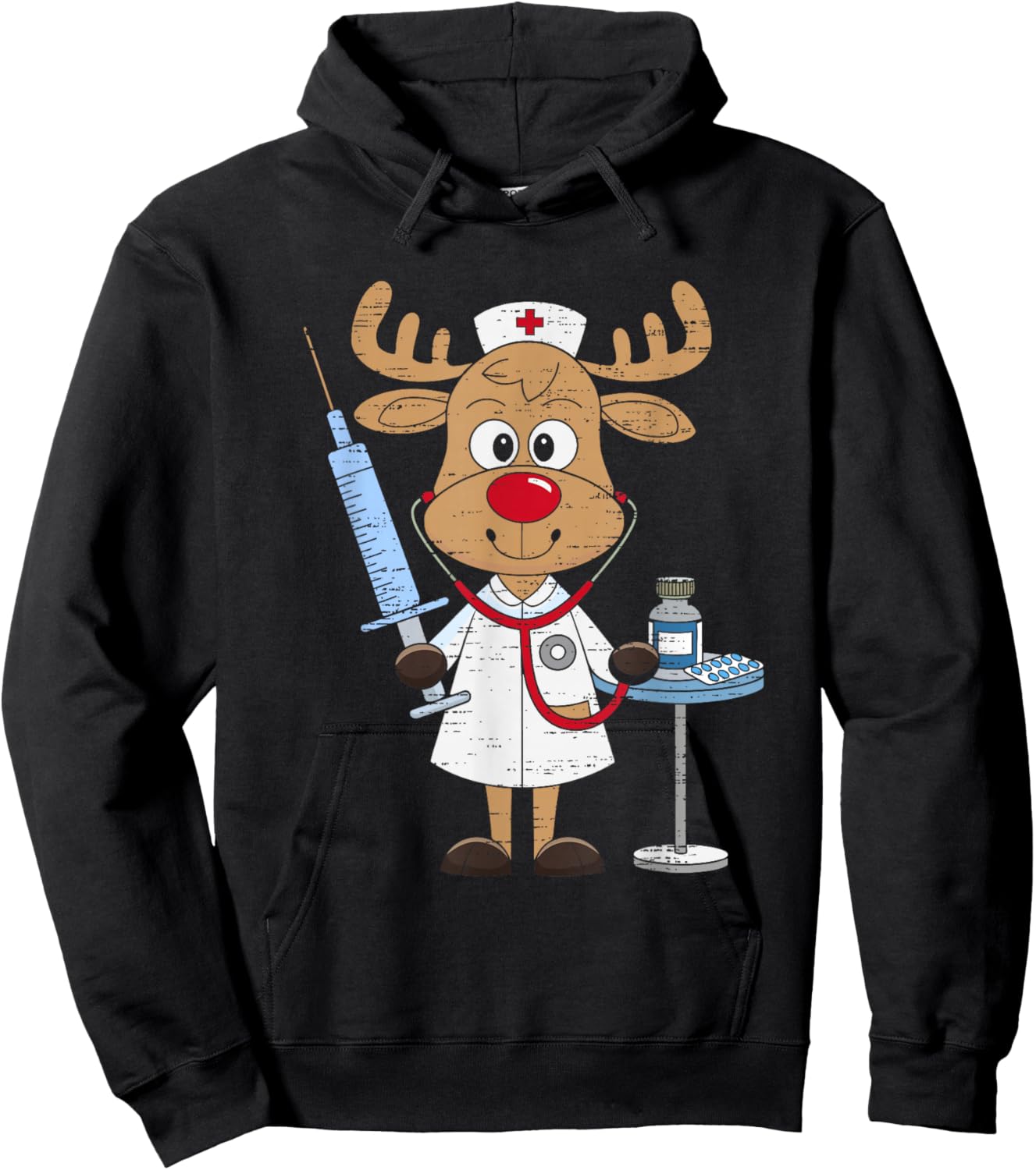 Reindeer Nurse Scrub Tops Christmas Stethoscope Nursing Xmas Hoodie - Hoodie | Black