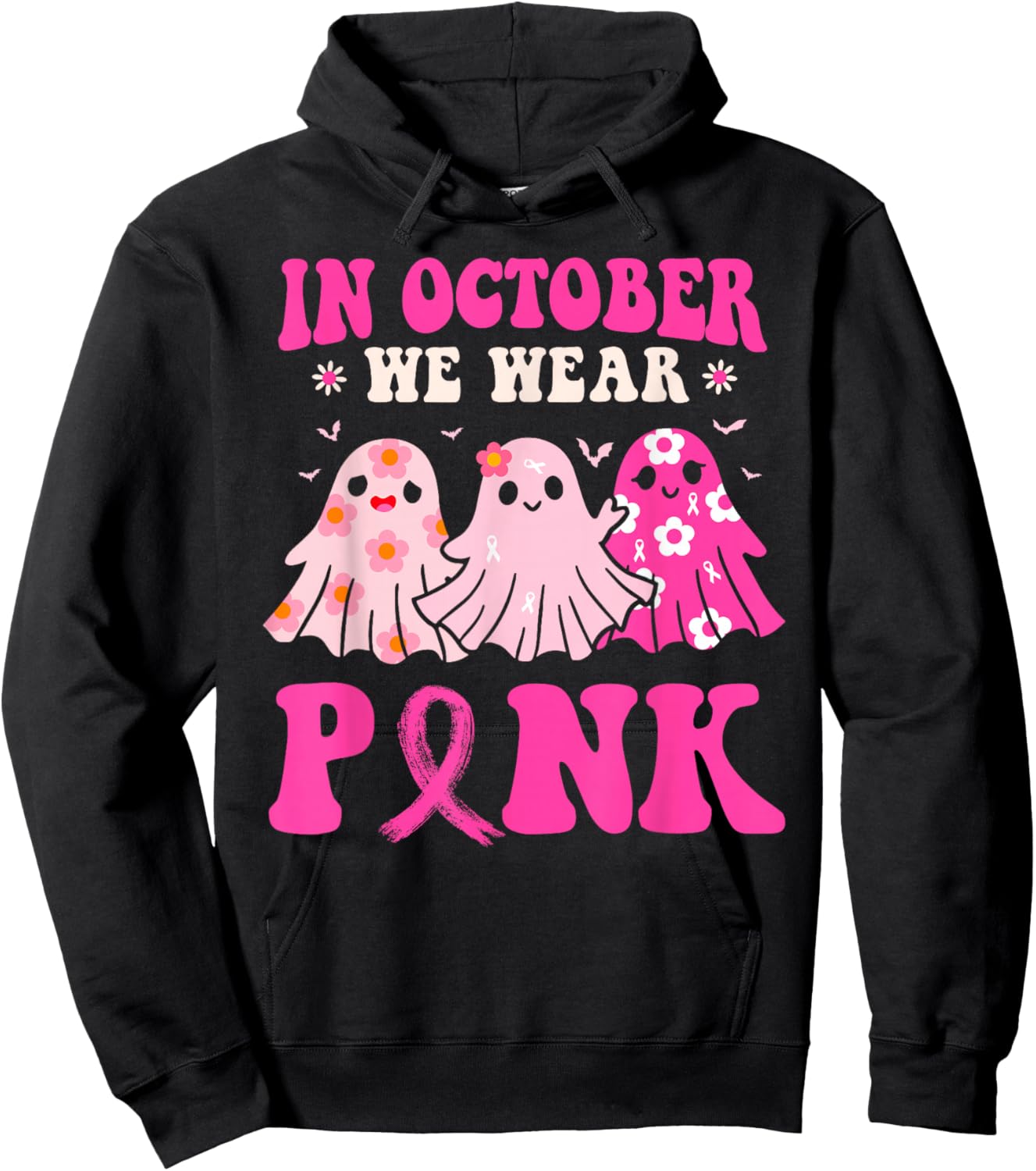 In October We Wear Pink Halloween Breast Cancer Awareness Hoodie - Hoodie | Black