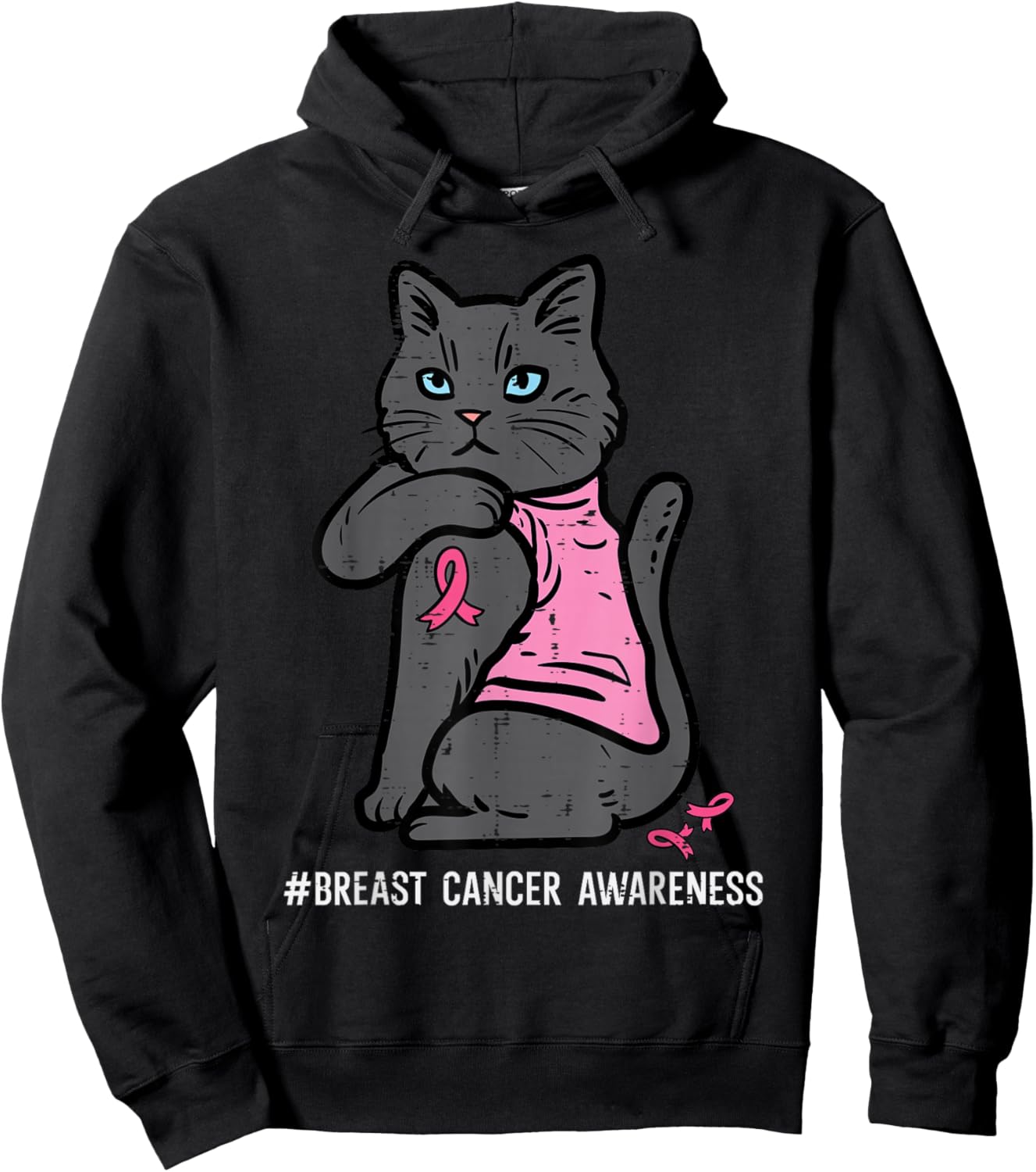 Breast Cancer Cat Pink Ribbon Awareness Women Girls Kids Hoodie - Hoodie | Black