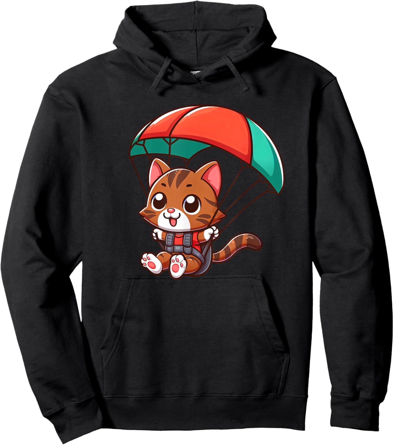 Brown Tabby Cat Skydiving Pet Funny Parachuting Hoodie - Hoodie | Black