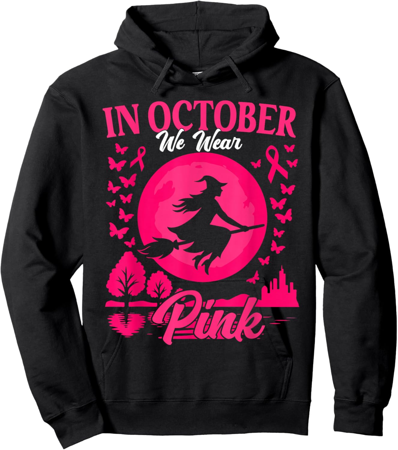 in October We Wear Pink Breast Cancer Women Halloween Girls Hoodie - Hoodie | Black