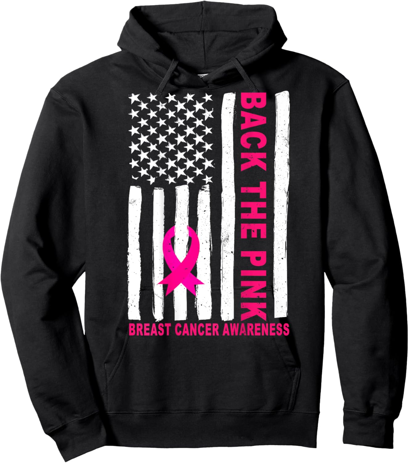 Back The Pink Ribbon USA Flag Breast Cancer Awareness Hoodie - Hoodie | Black