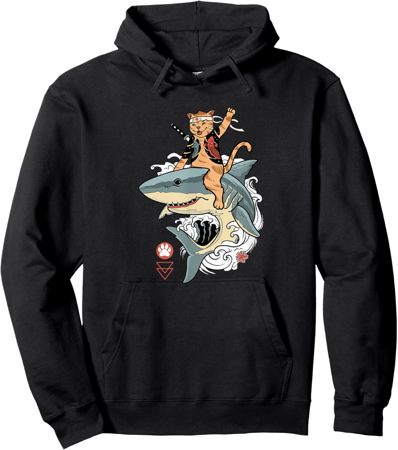 Samurai Cat Riding a Shark, Cat Warrior with Japanese Katana Men Women Hoodie - Hoodie | Black