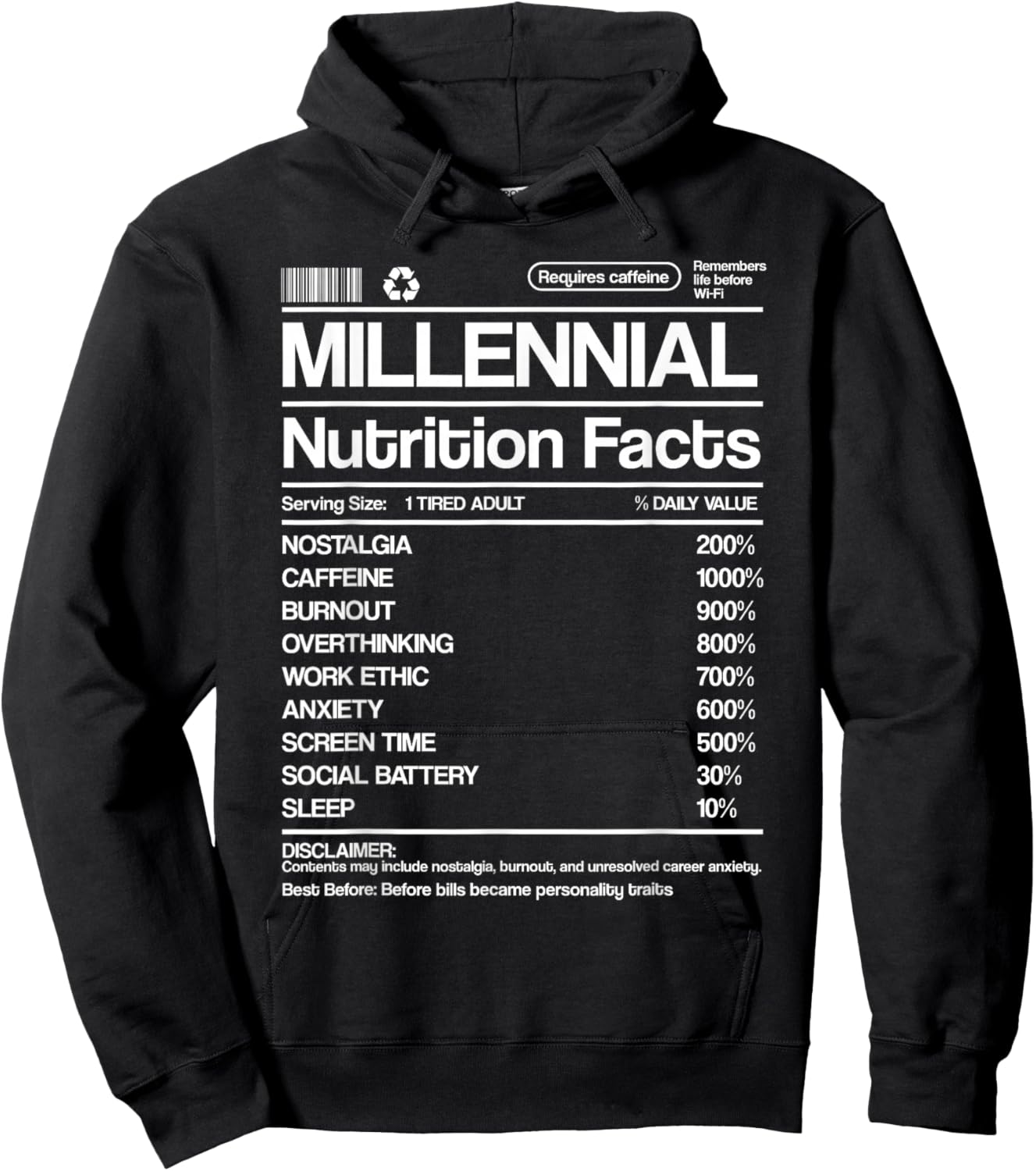 Millennial Nutrient Facts Humor Label Retro Parody Hoodie - Hoodie | Black