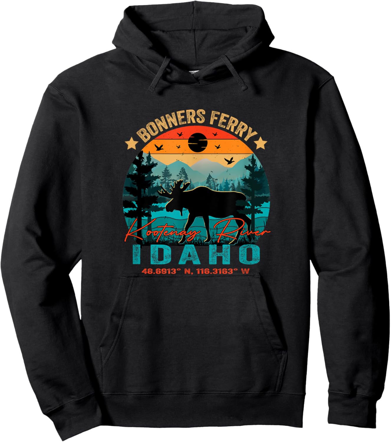 Bonners Ferry Idaho ID Retro Sunset Vintage Moose Mountains Hoodie - Hoodie | Black