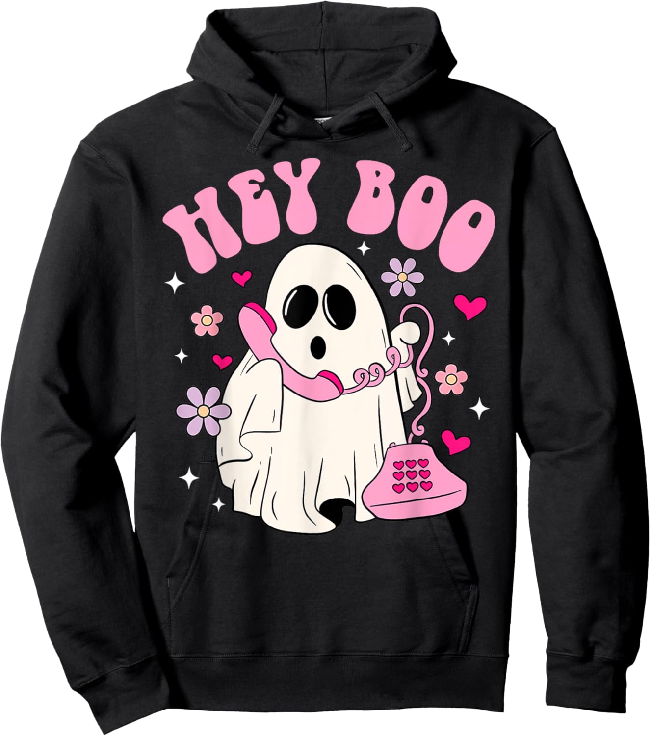 Groovy Hey Boo Cute Ghost Funny Halloween Women Kids Girls Hoodie - Hoodie | Black