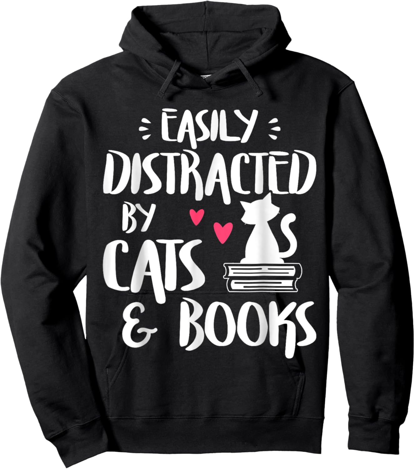 Easily Distracted by Cats and Books - Cat & Book Lover Women Kids Hoodie - Hoodie | Black