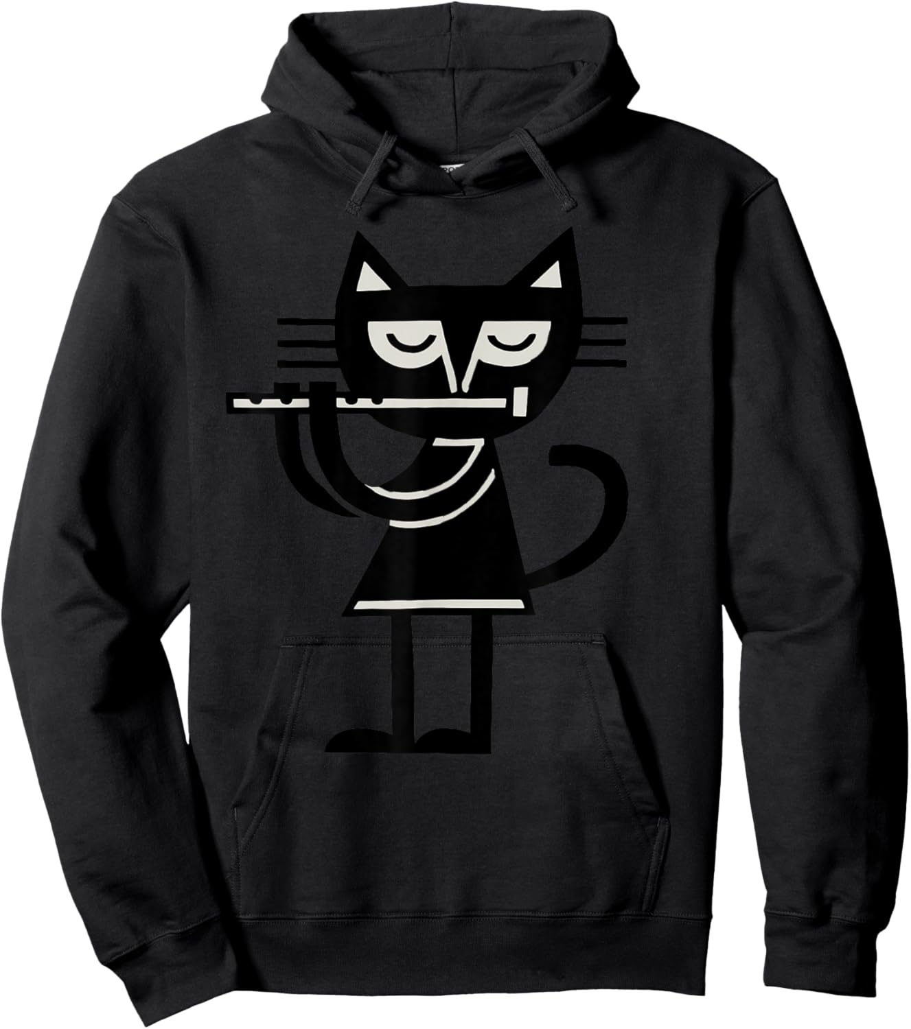 Flute Playing Cat Music Lover Minimalist Cartoon Hoodie - Hoodie | Black