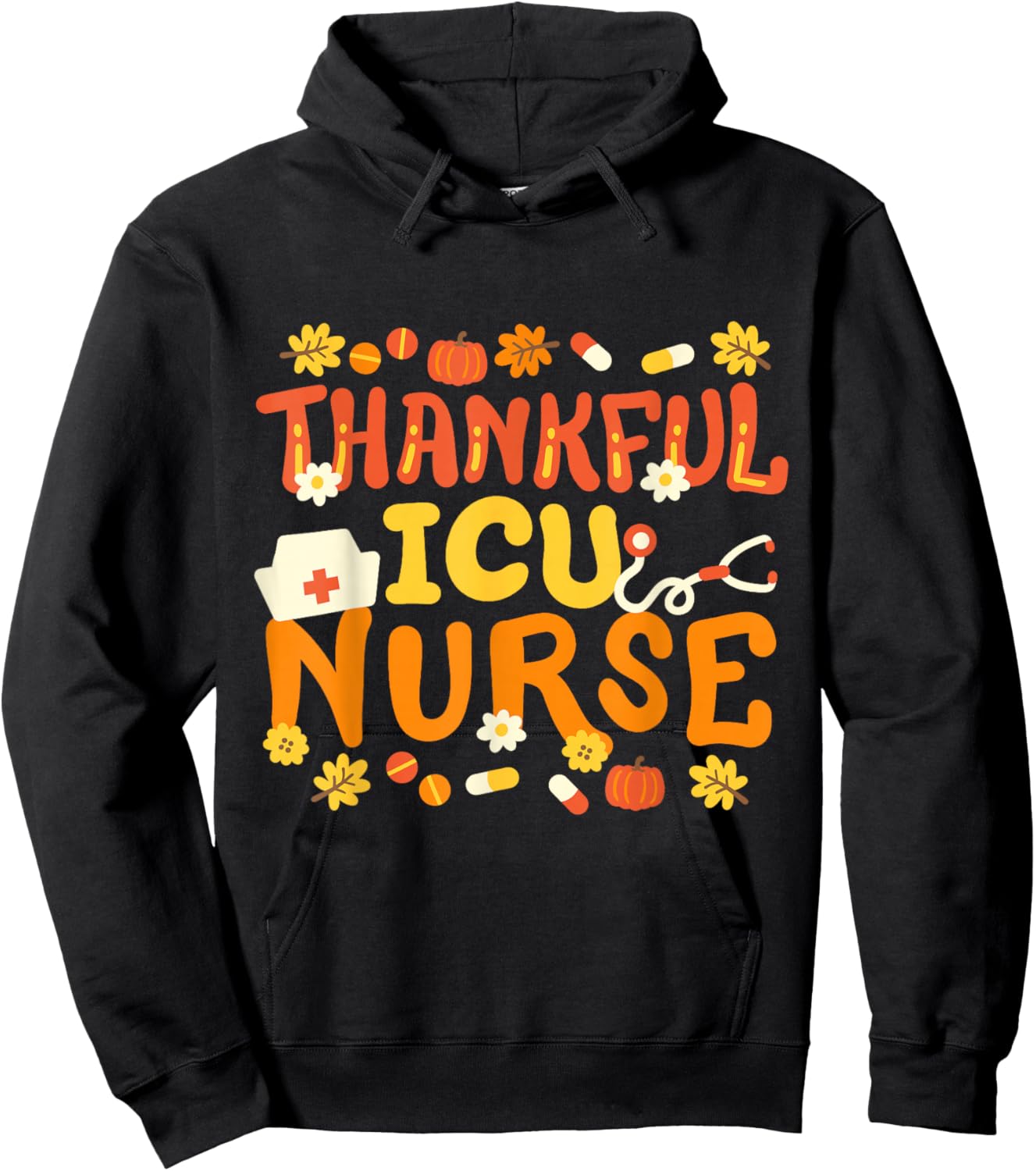 Thankful ICU Nurse Retro Groovy Thanksgiving RN Men Women Hoodie - Hoodie | Black