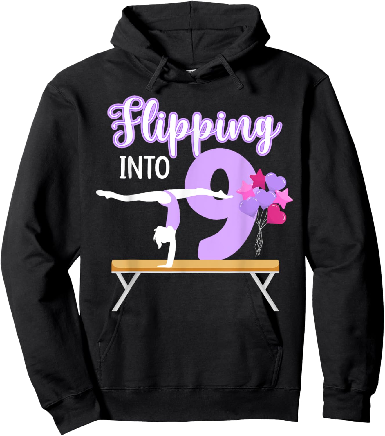 9th Gymnastics Birthday Party Nine Year Old Gymnast Girl Hoodie - Hoodie | Black