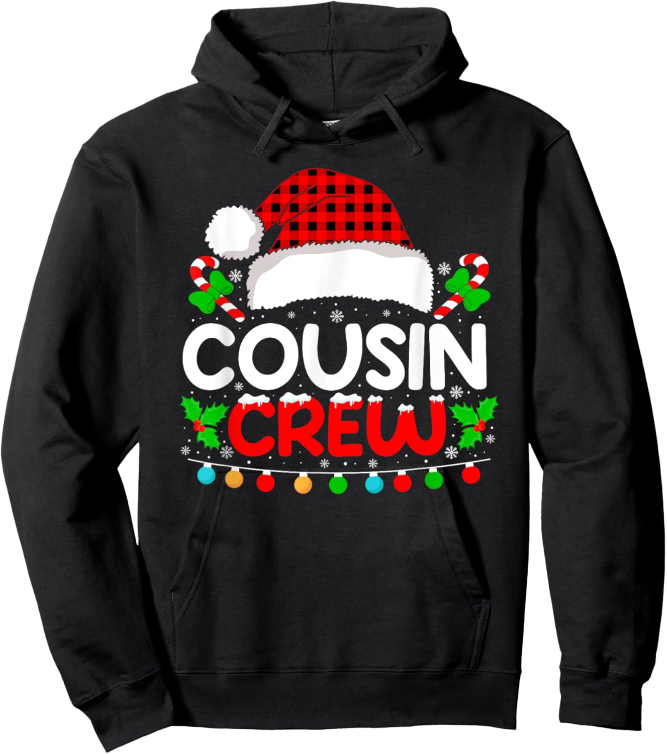 Cousin Crew Buffalo Plaid Xmas Pajamas Christmas Lights Hoodie - Hoodie | Black