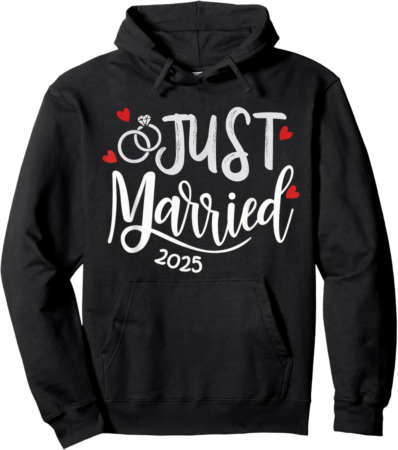Just Married 2025 - Bride & Groom Wedding Rings & Hearts Hoodie - Hoodie | Black