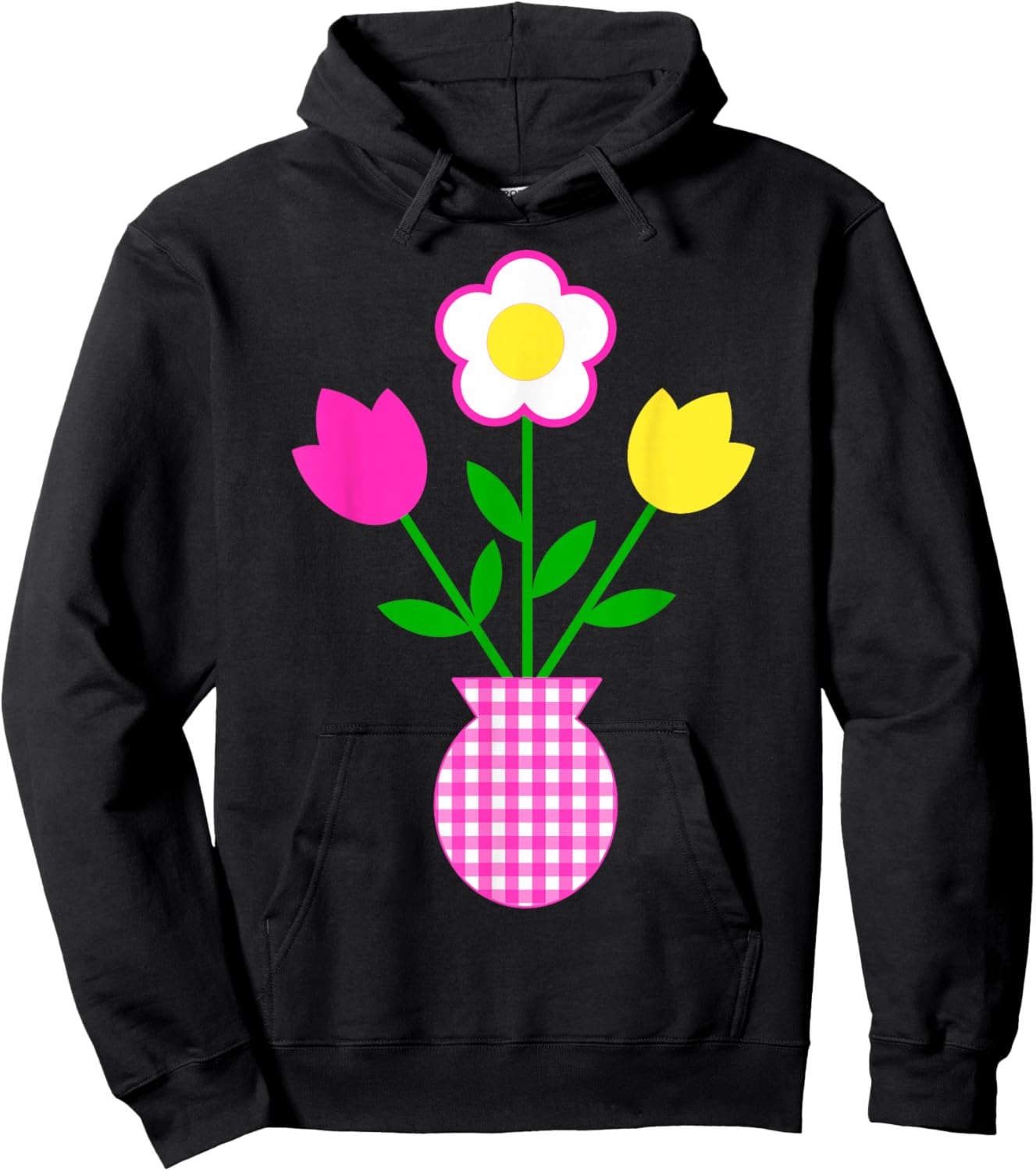 Pink Yellow White Flowers in Tartan Pattern Pot Shapes Mania Hoodie - Hoodie | Black