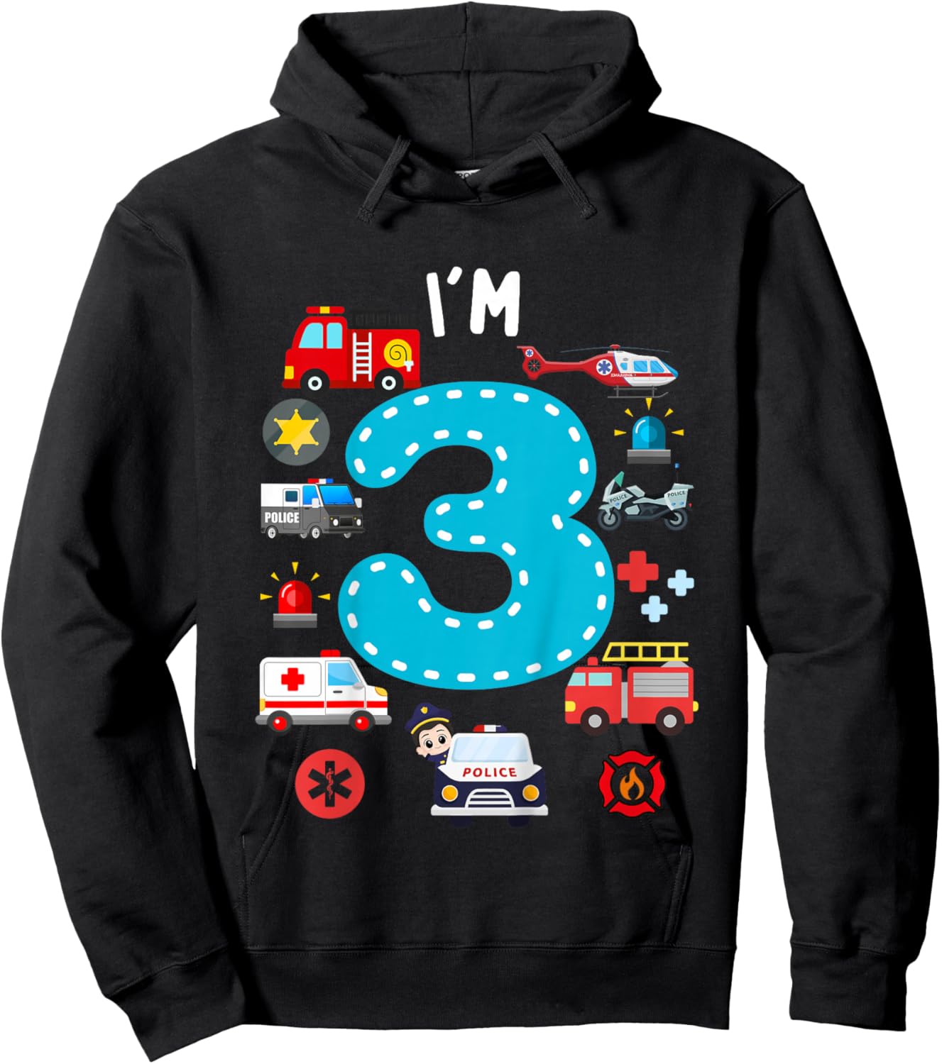 Kids 3rd Birthday Emergency Vehicles Boys 3Years Old Toddler Kids Hoodie - Hoodie | Black