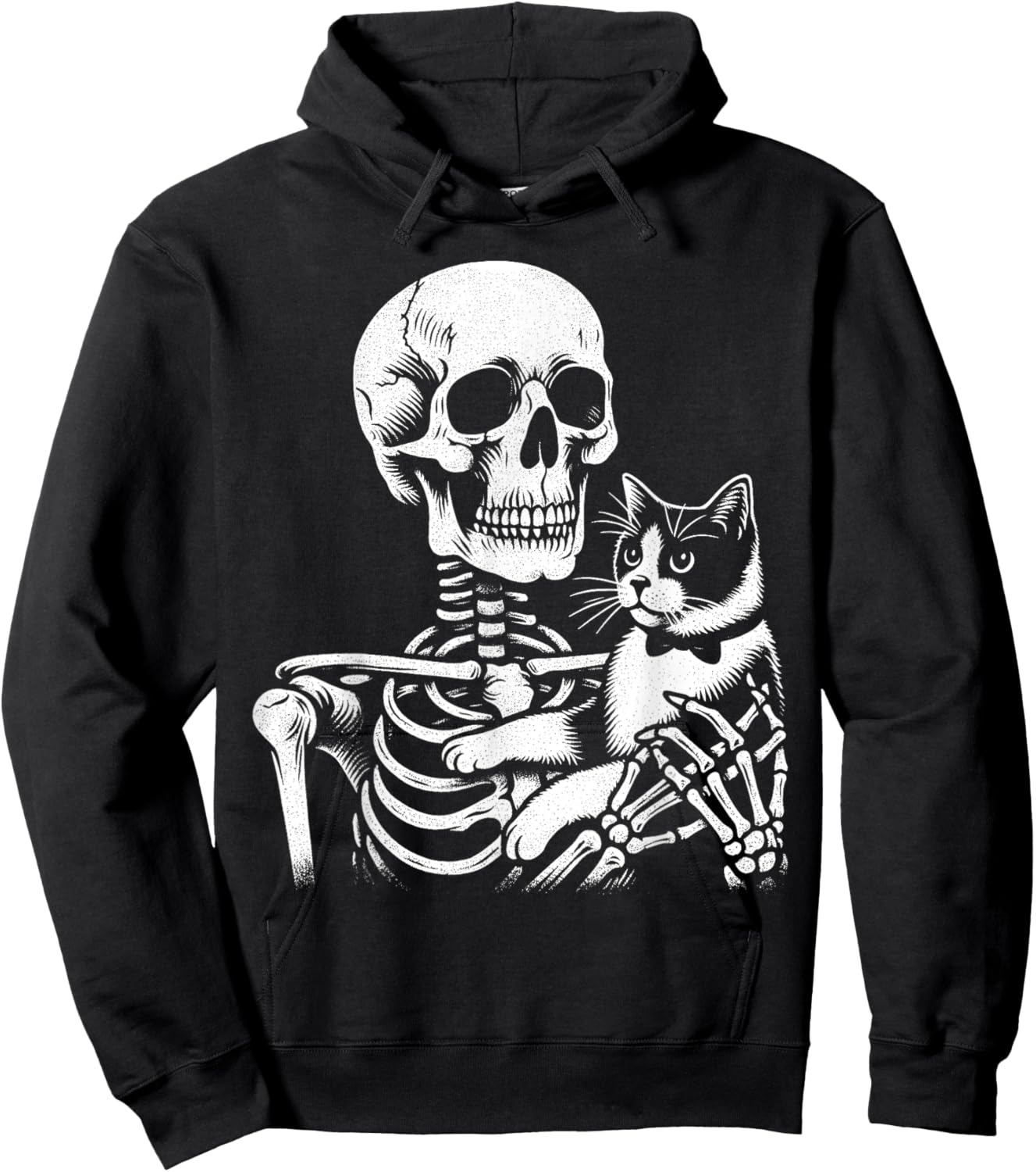 Skeleton Holding A Tuxedo Cat Lazy Halloween Costume Skull Women Kids Hoodie - Hoodie | Black