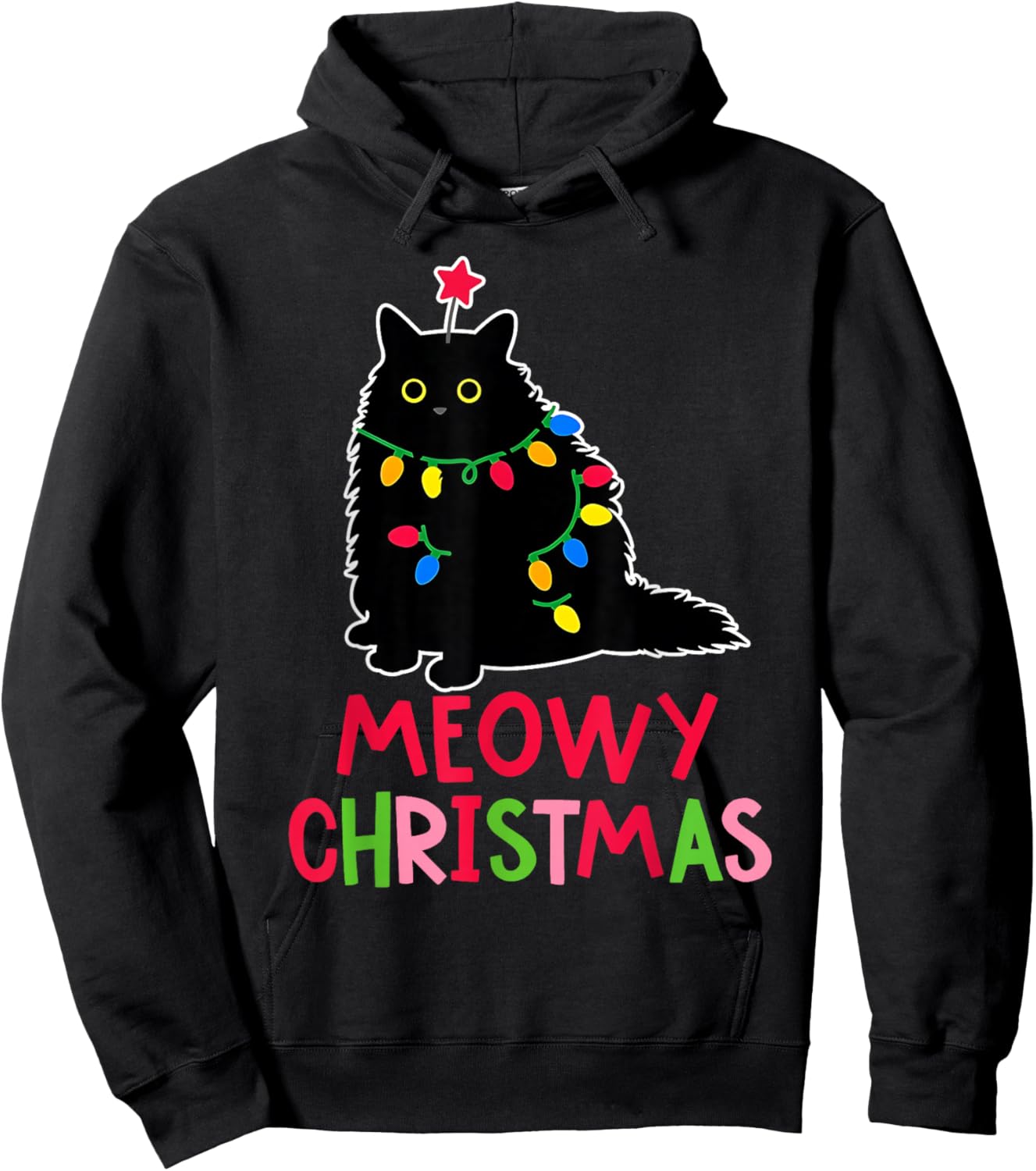 Meowy Christmas Xmas Lights Black Cat Pajamas Family Funny Hoodie - Hoodie | Black