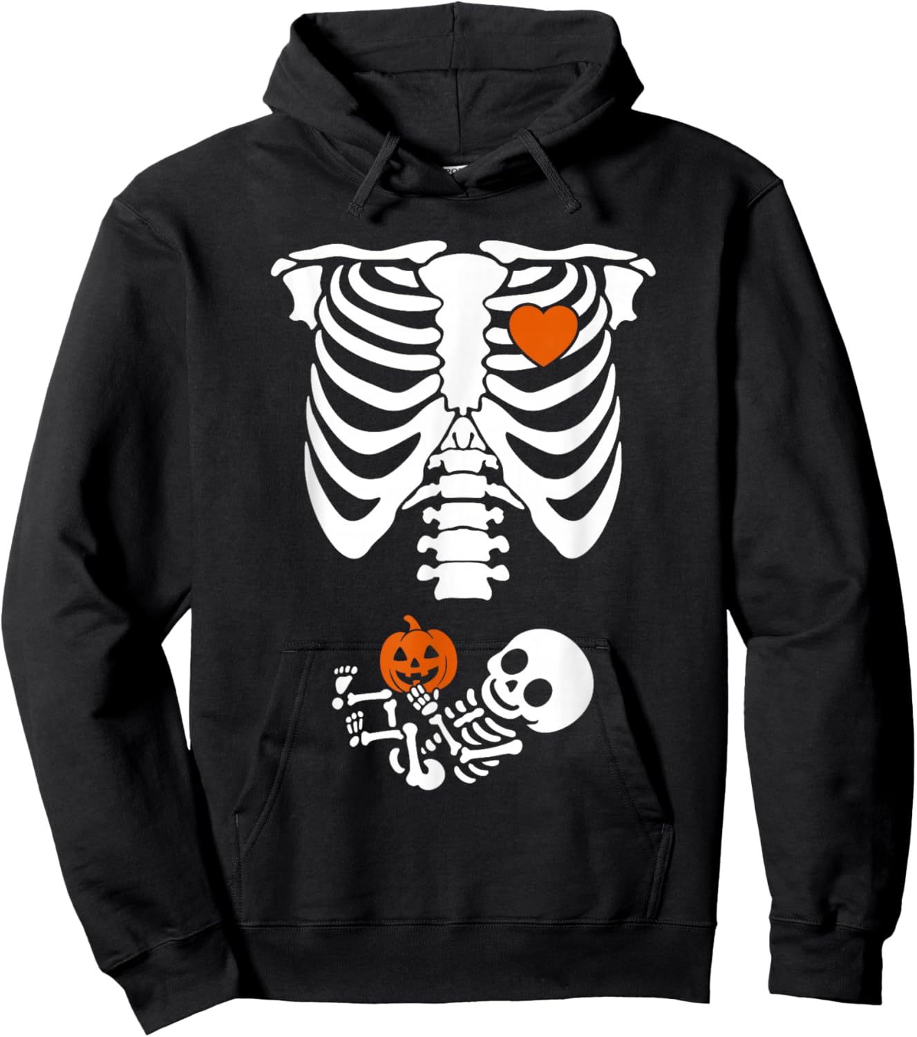 Skeleton Pregnancy Halloween with Baby Pumpkin Hoodie - Hoodie | Black